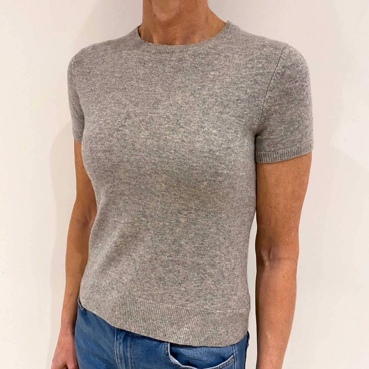 Smoke Grey Cashmere Short Sleeved Crew Neck Jumper Small