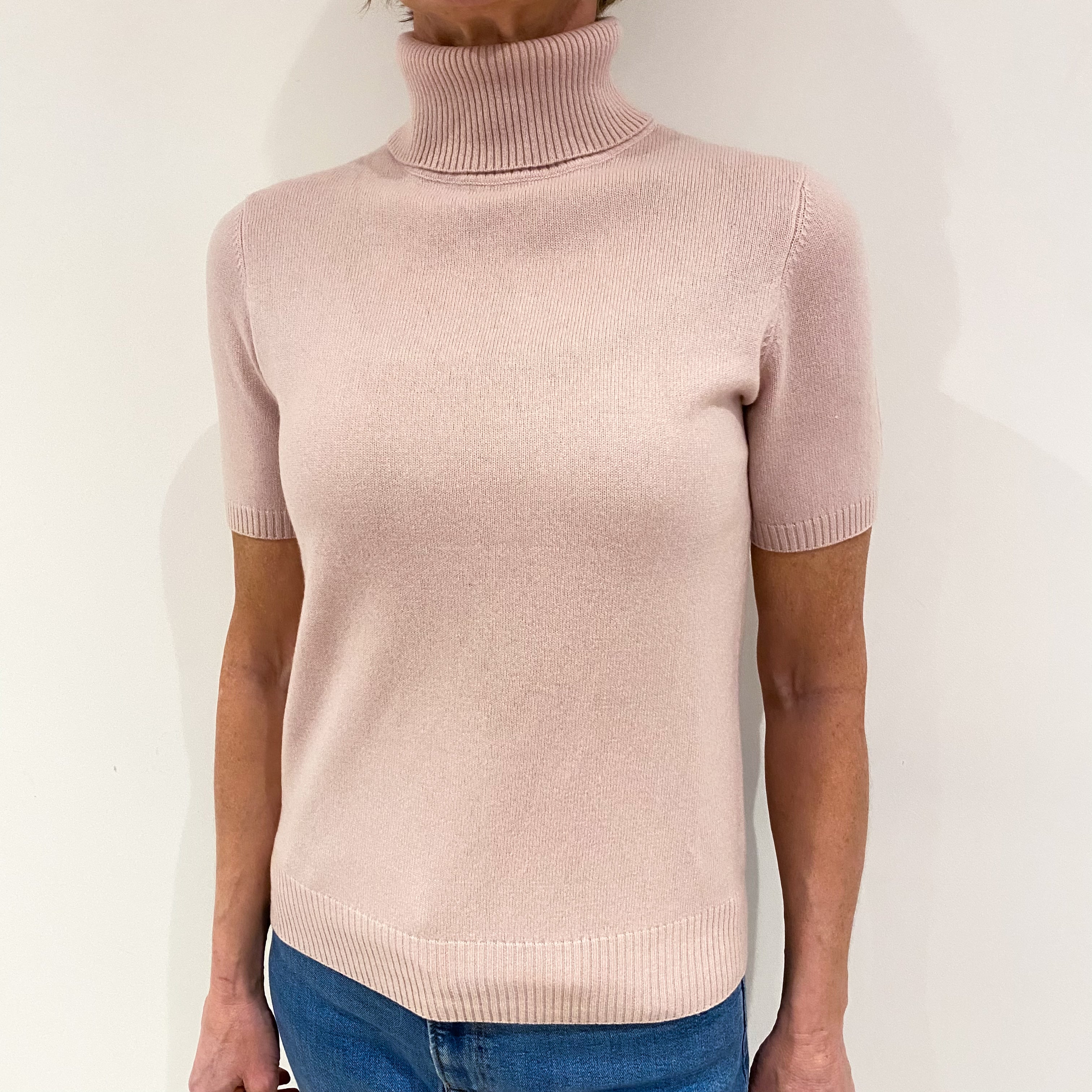 Pale Mauve Pink Cashmere Short Sleeved Polo Neck Jumper Small
