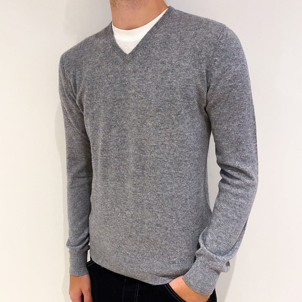 Men's Steel Grey Cashmere V-Neck Jumper Medium