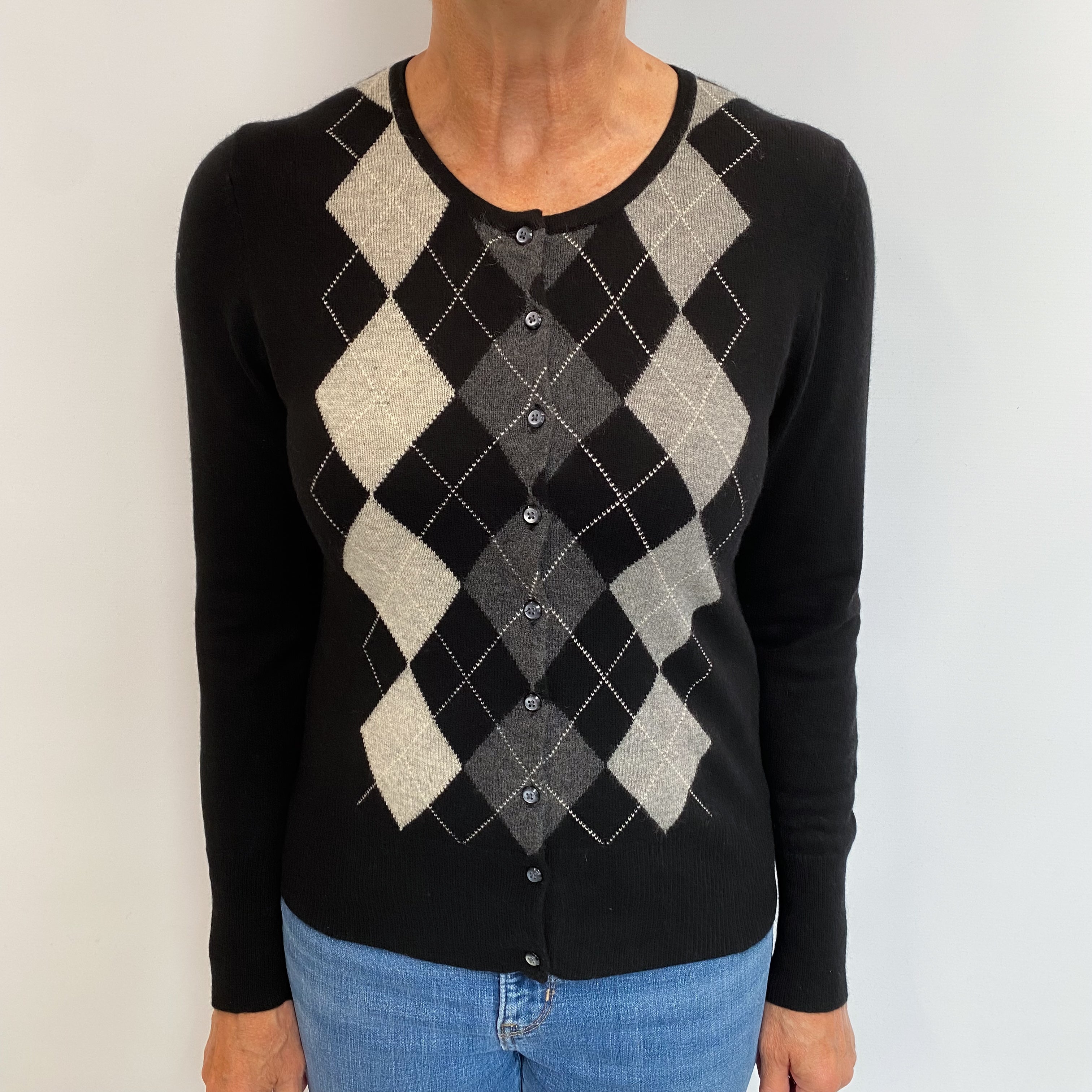Black Argyle Cashmere Crew Neck Cardigan Medium