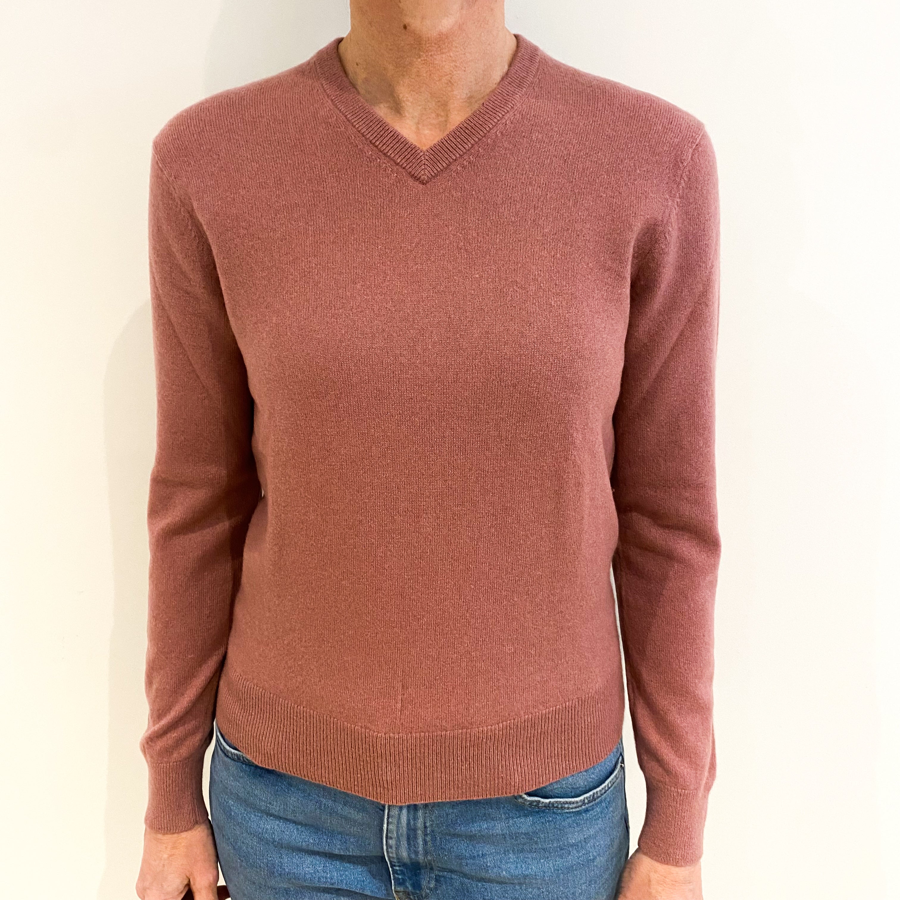 Dusky Pink Cashmere V Neck Jumper Small