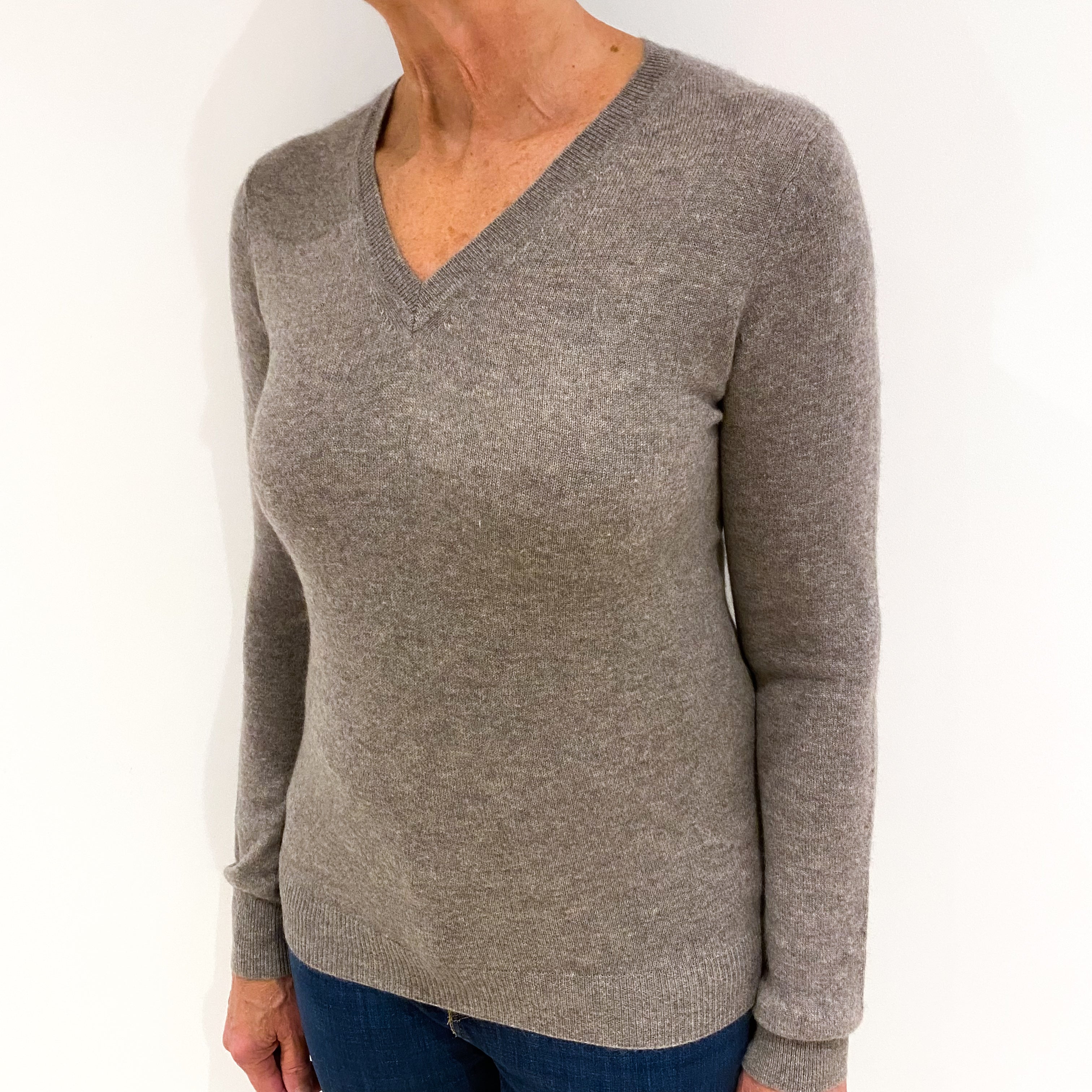 Taupe Brown Cashmere V-Neck Jumper Medium