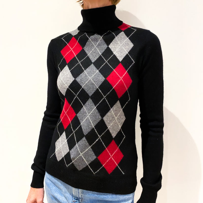 Black Grey and Red Argyle Cashmere Polo Neck Jumper Small