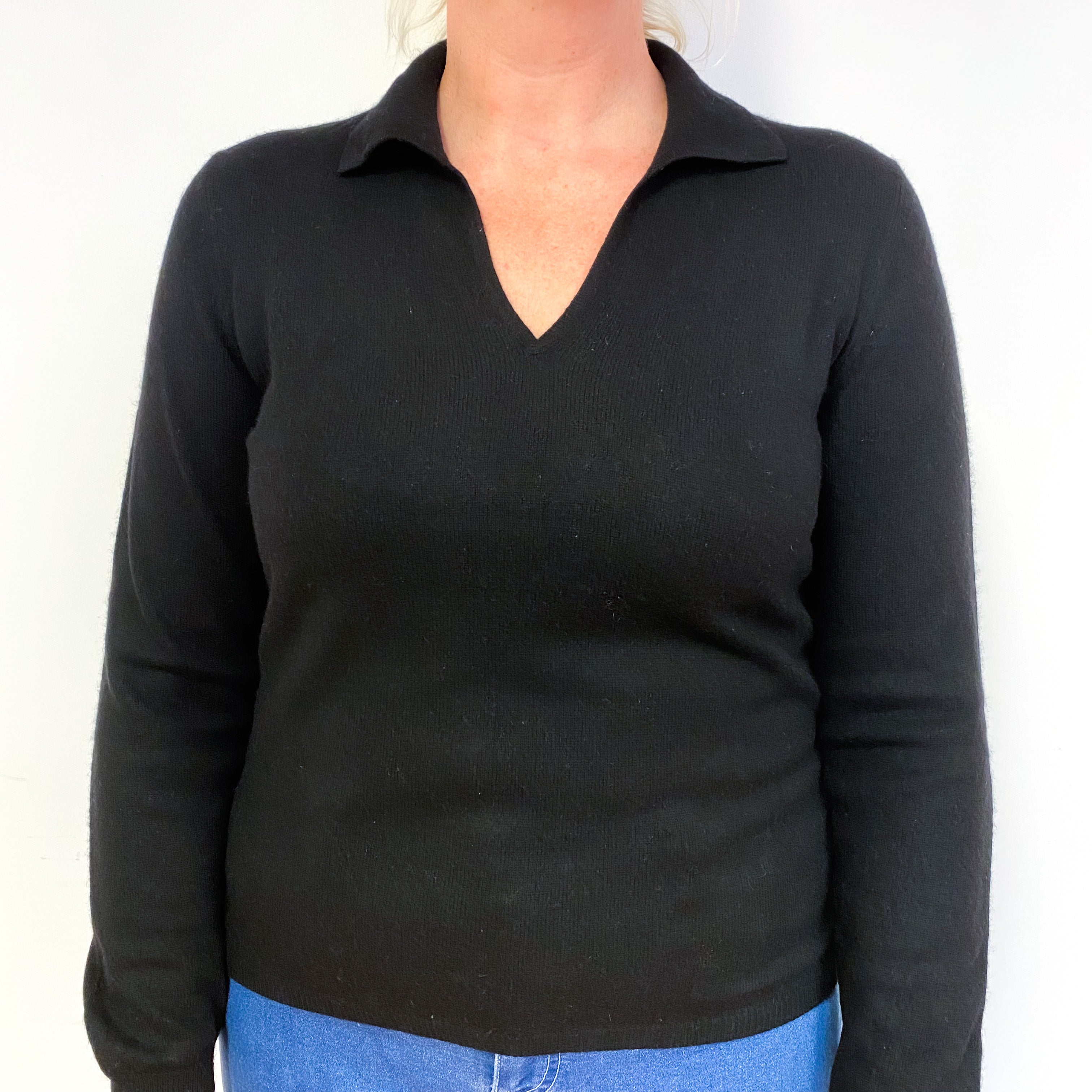 Black Cashmere Collared V-Neck Jumper Large