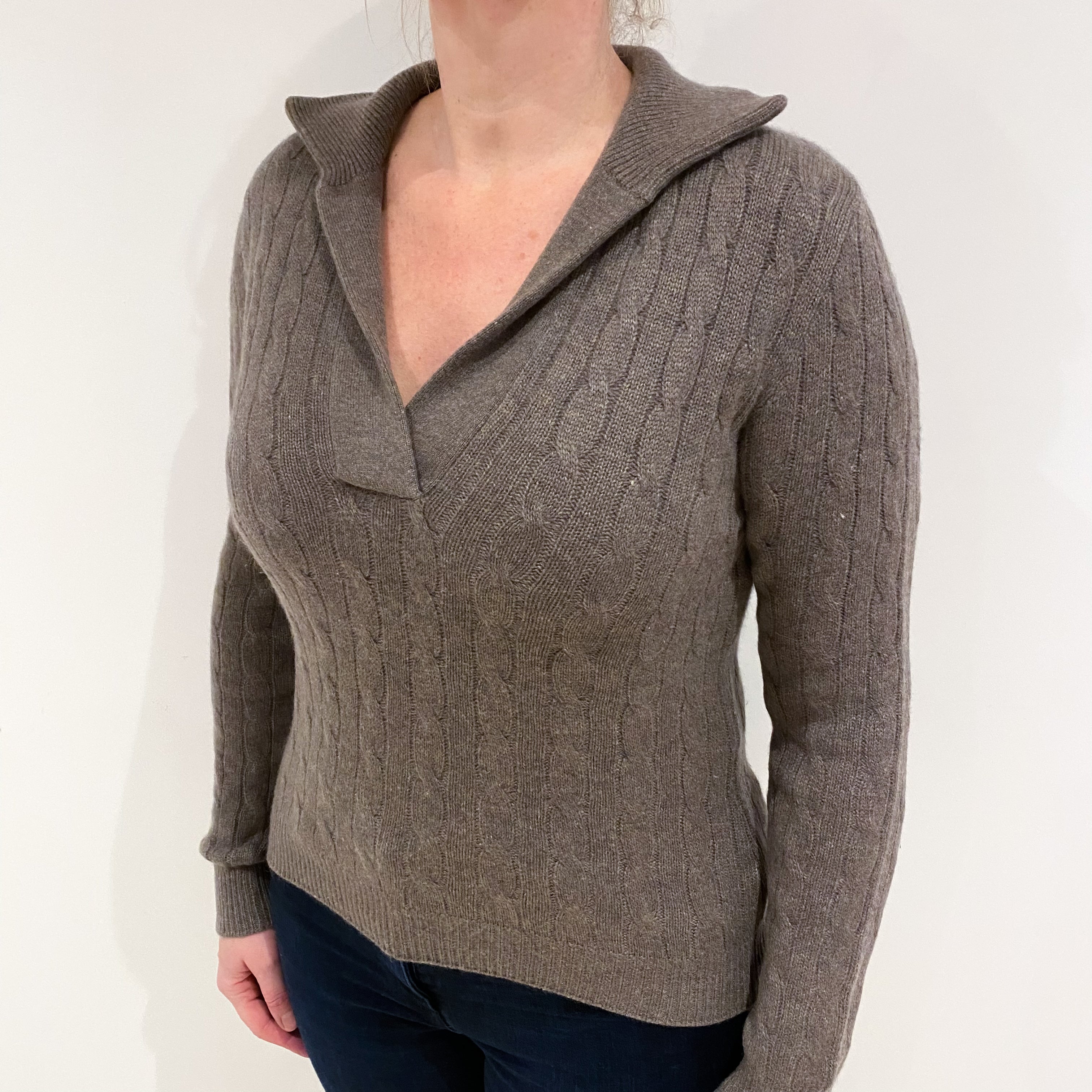 Mocha Brown Cable Cashmere V Neck Jumper with Collar Large