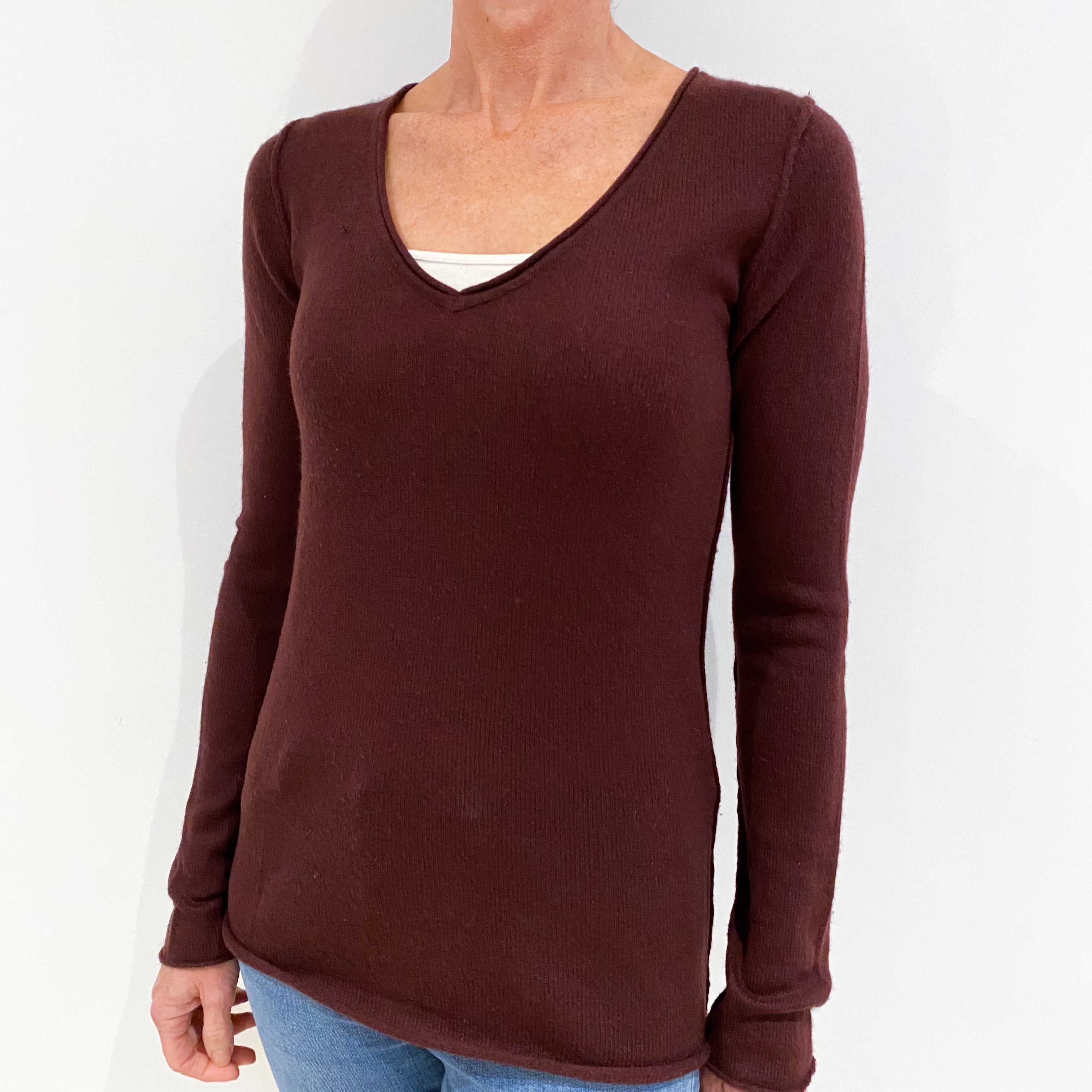 Aubergine Red Cashmere V-Neck Jumper Small