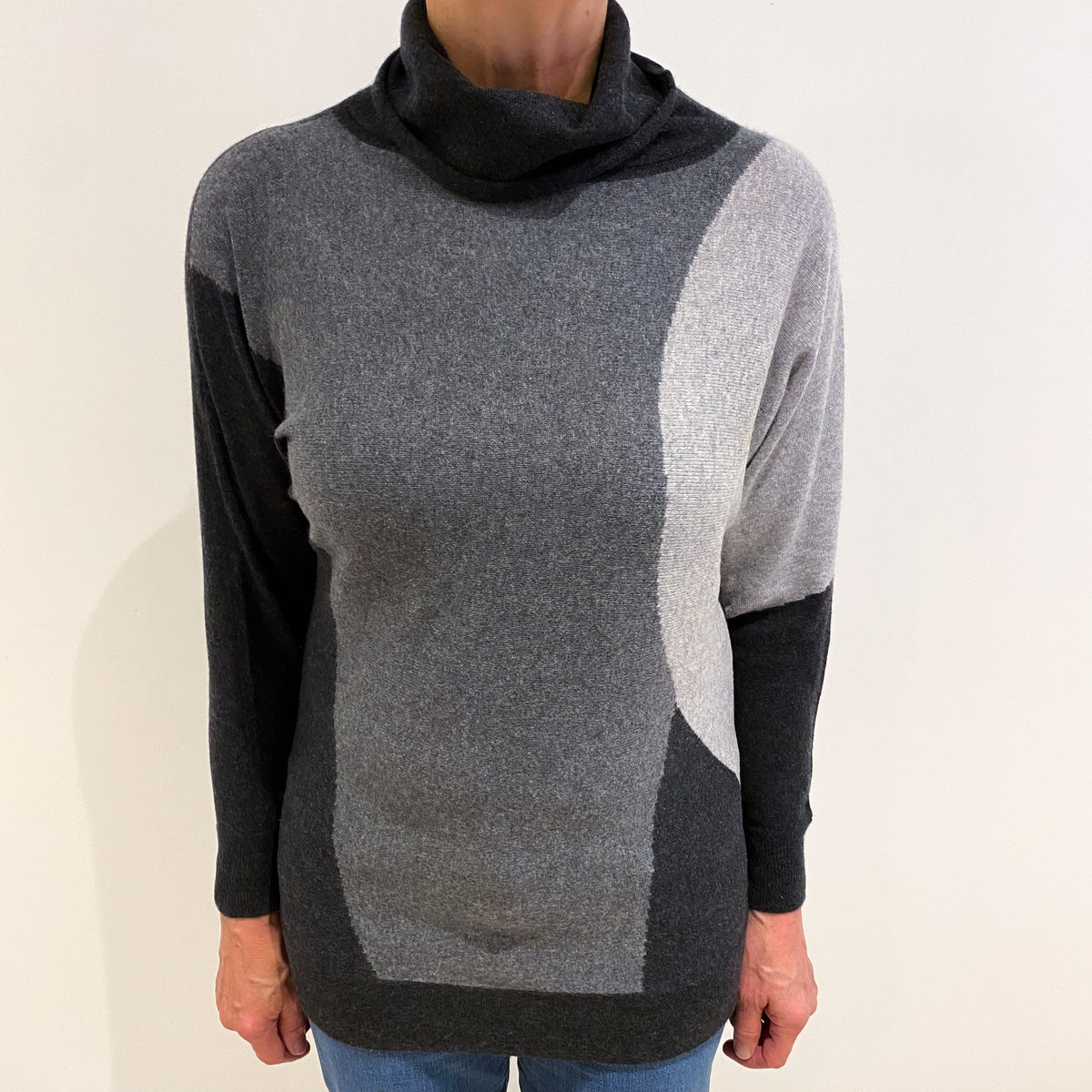 Grey Colour Blocked Cashmere Roll Neck Batwing Jumper Medium