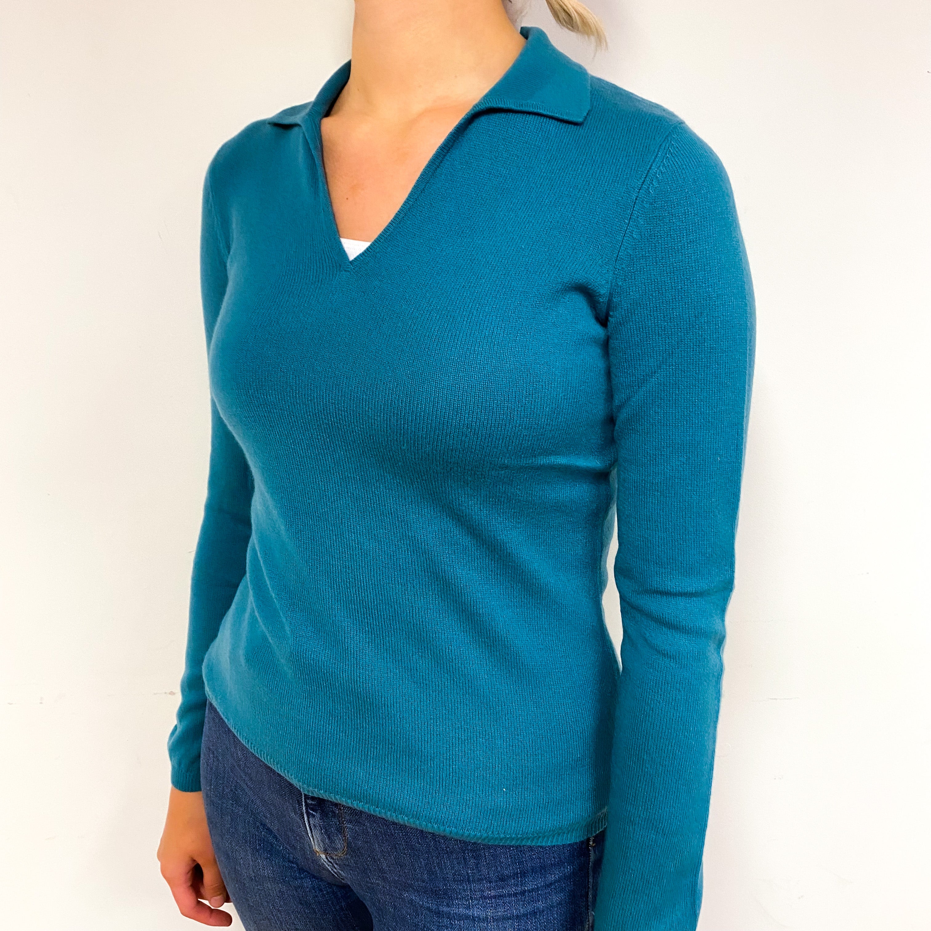 Teal Green Cashmere Collared V-Neck Jumper Small