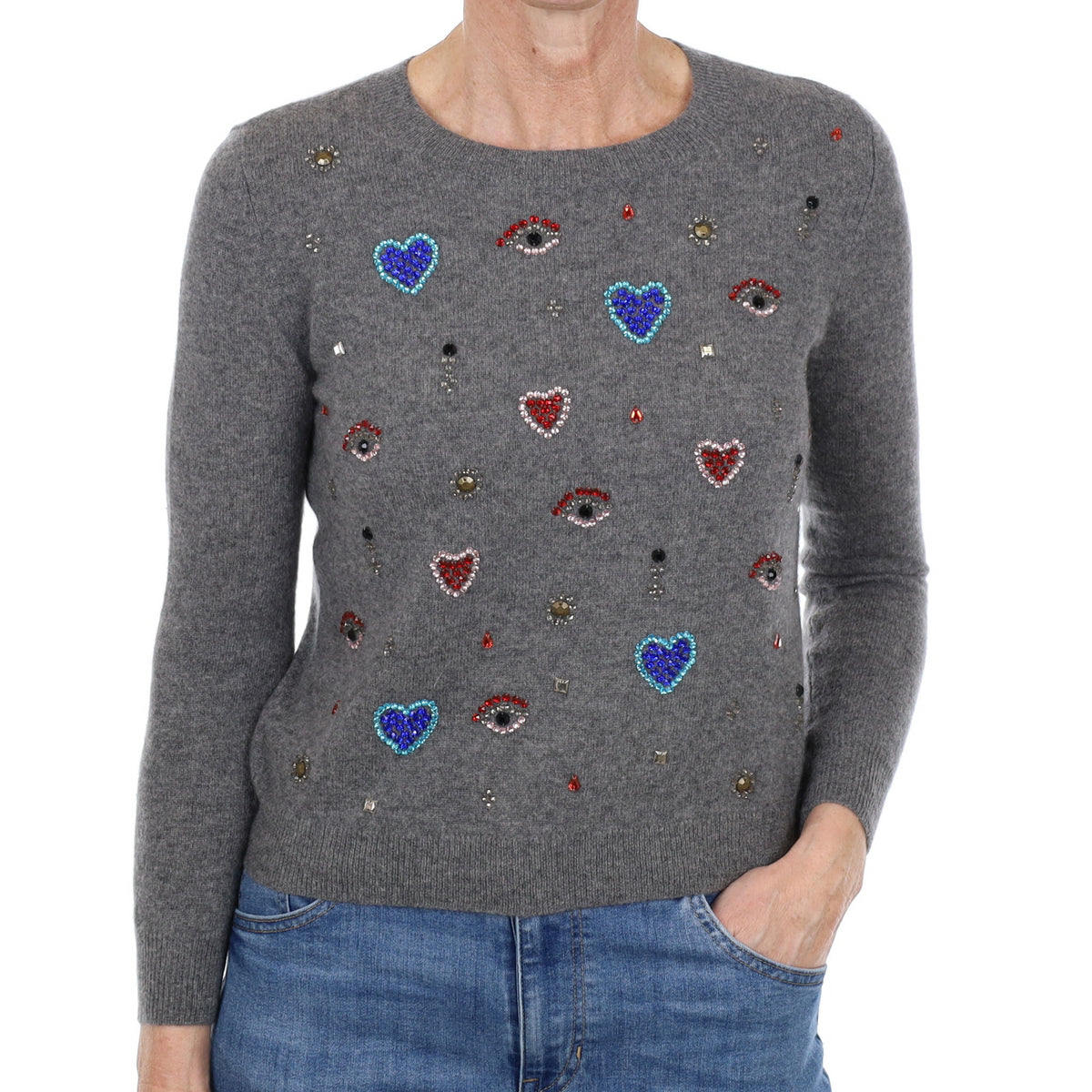 Ash Grey Diamanté Cashmere Crew Neck Jumper Small