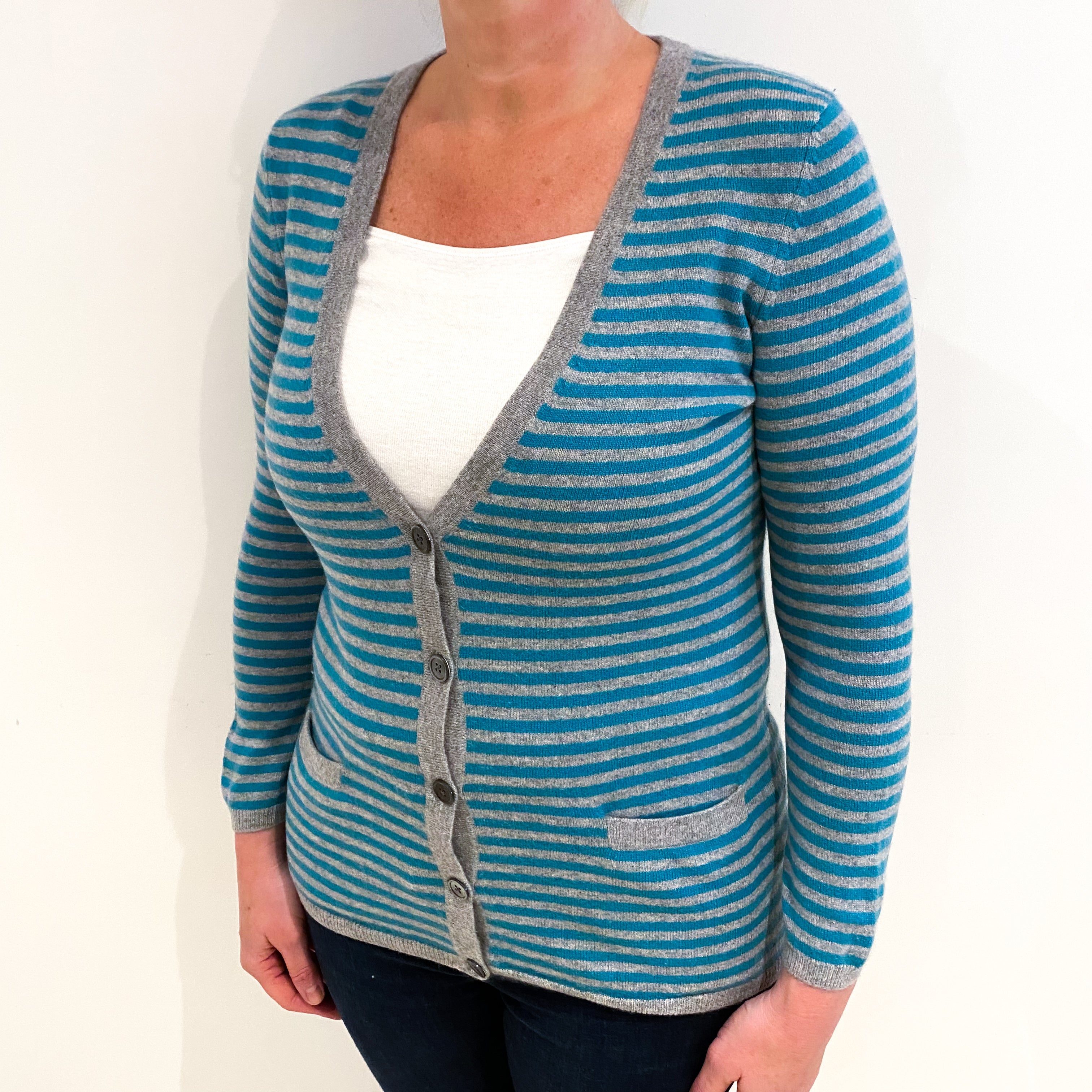 Turquoise And Grey Stripe Cashmere V Neck Cardigan Large