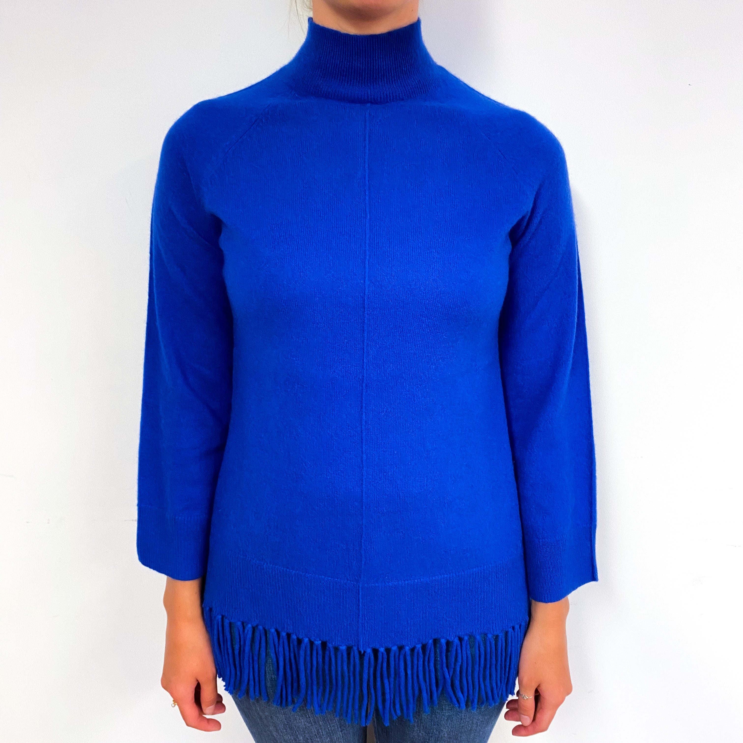 Cobalt Blue Fringed Cashmere Polo Neck Jumper Small