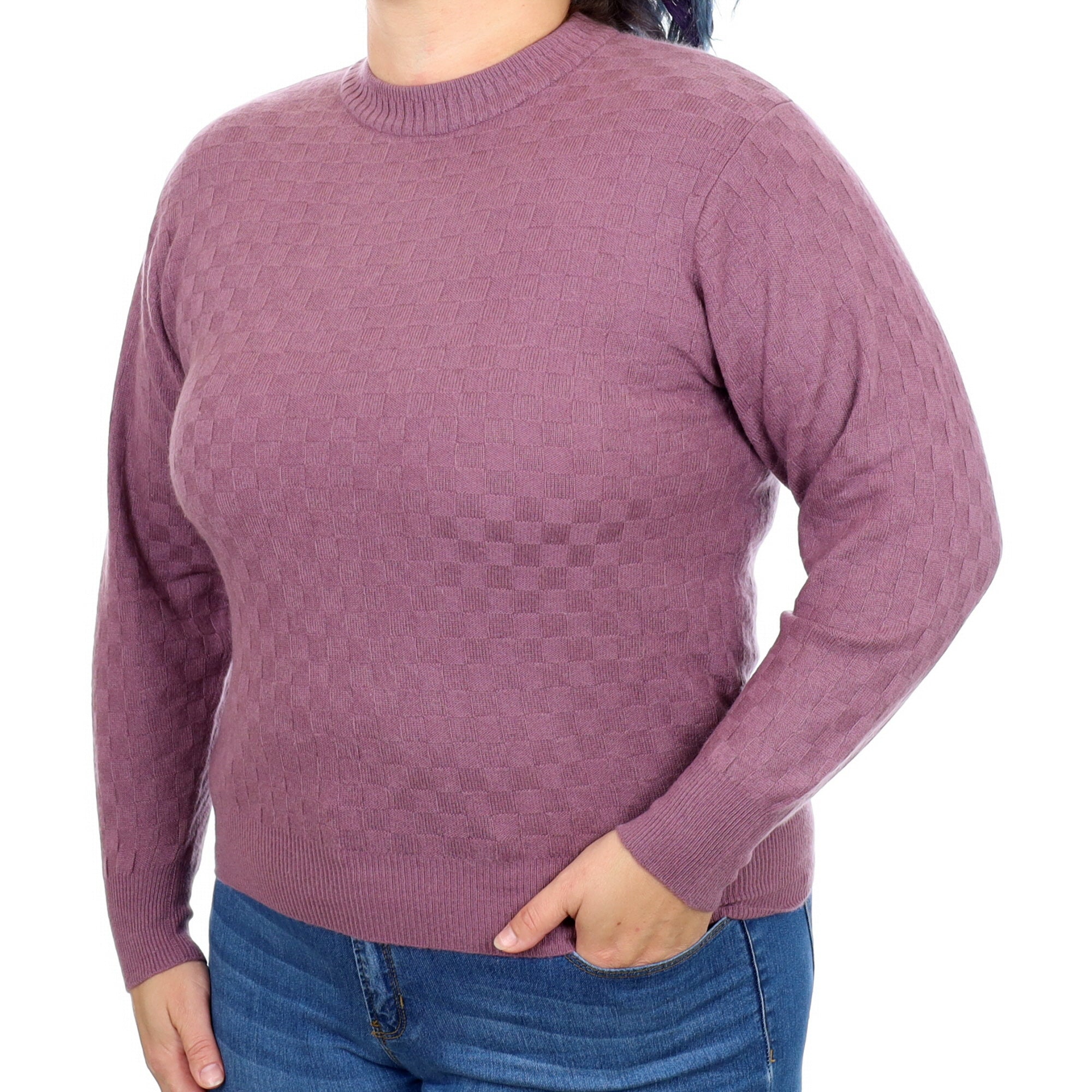 Wisteria Purple Checkered Textured Cashmere Crew Neck Jumper Large