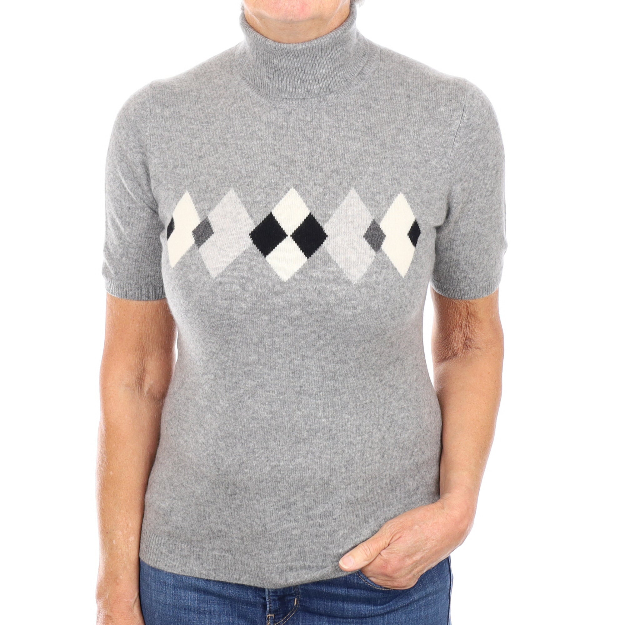 Grey Diamond Cashmere Short Sleeved Polo Neck Jumper Medium