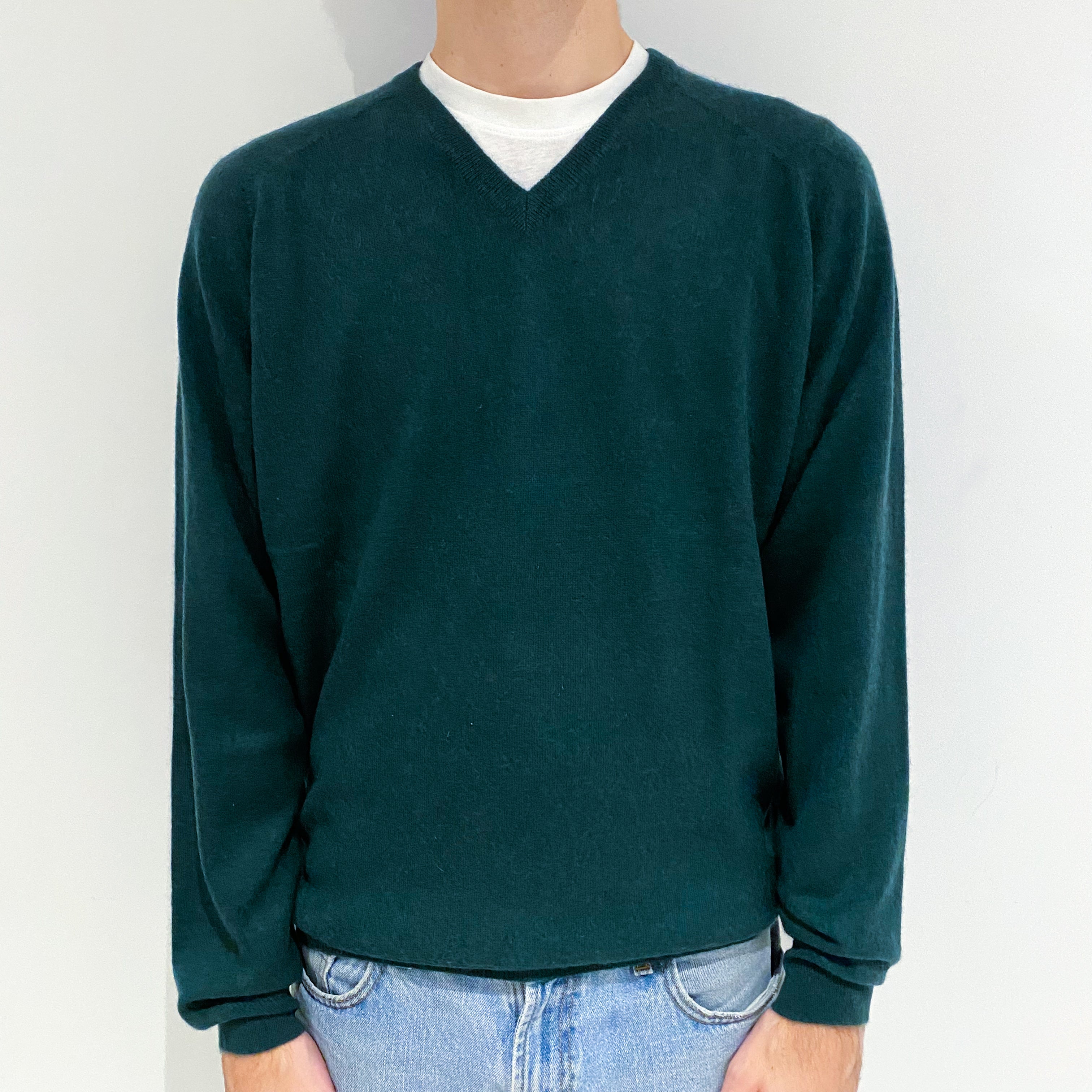 Men's Bottle Green Cashmere V-Neck Jumper Large