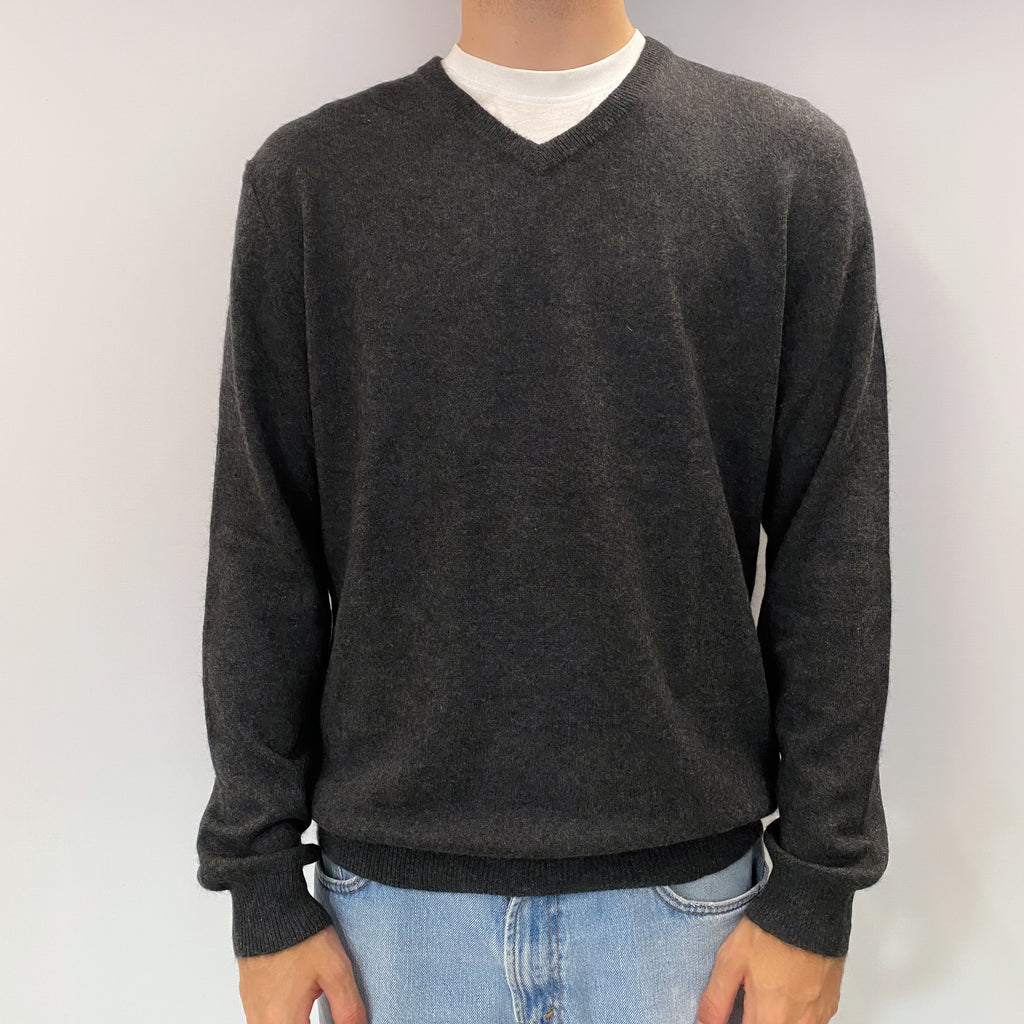 Men's Charcoal Grey Cashmere V Neck Jumper Large