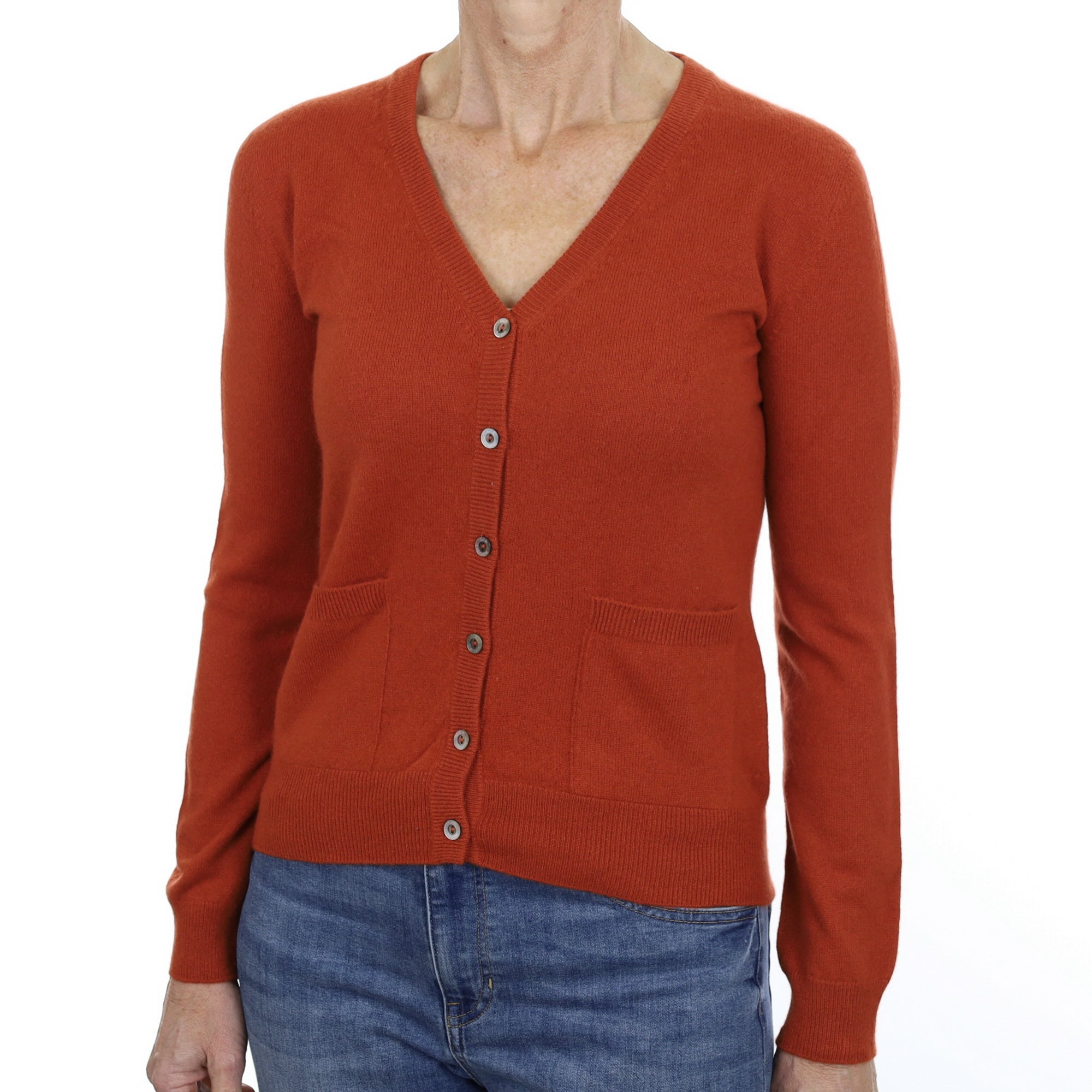 Rust Orange Cashmere V Neck Cardigan Small