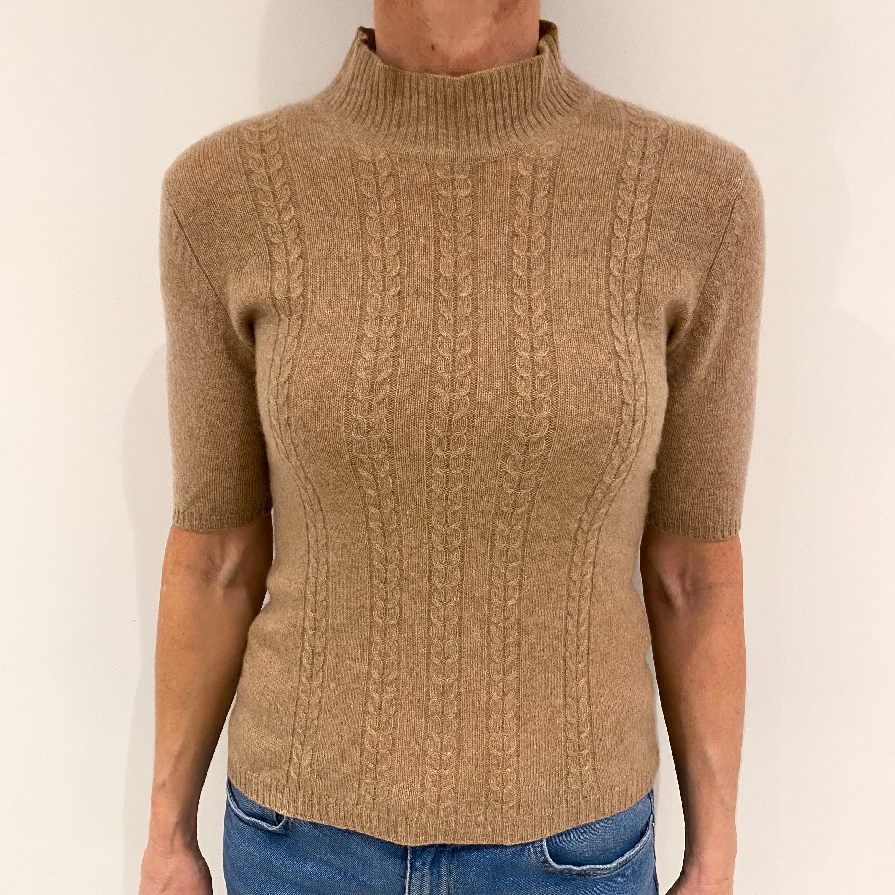 Caramel Brown Cashmere Short Sleeved Turtle Neck Jumper Small