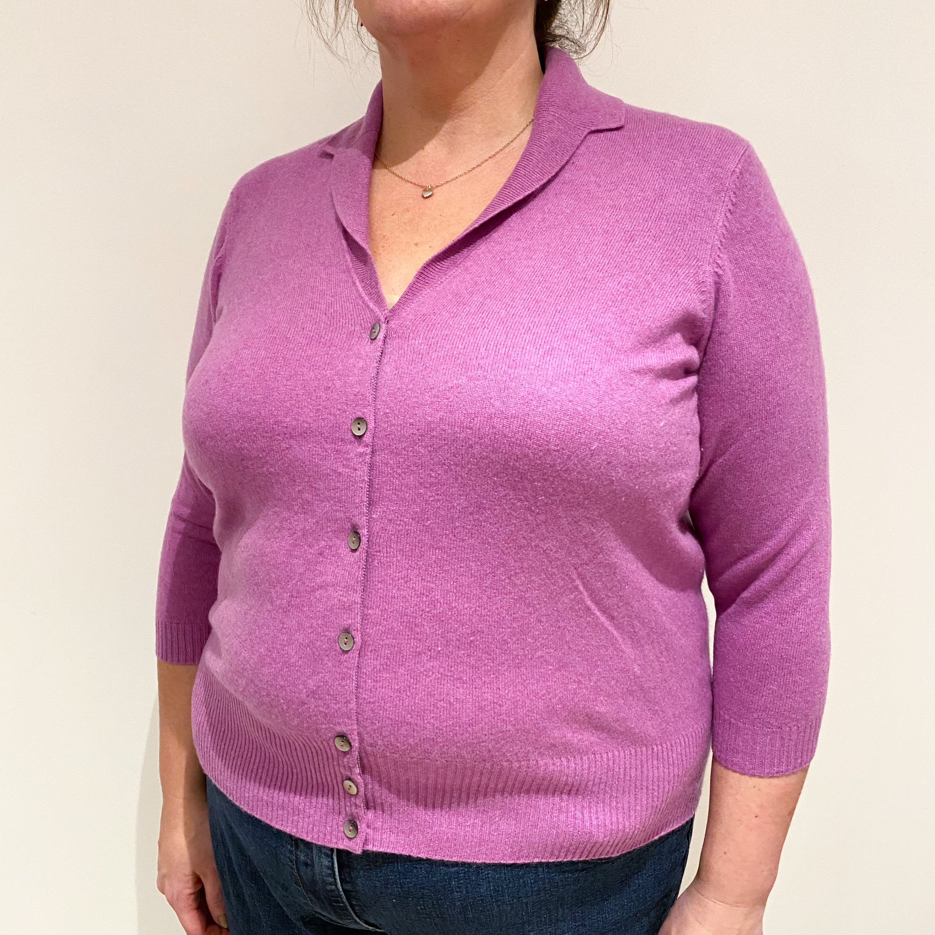 Deep Mauve Purple Collared V Neck Cashmere Cardigan Extra Large
