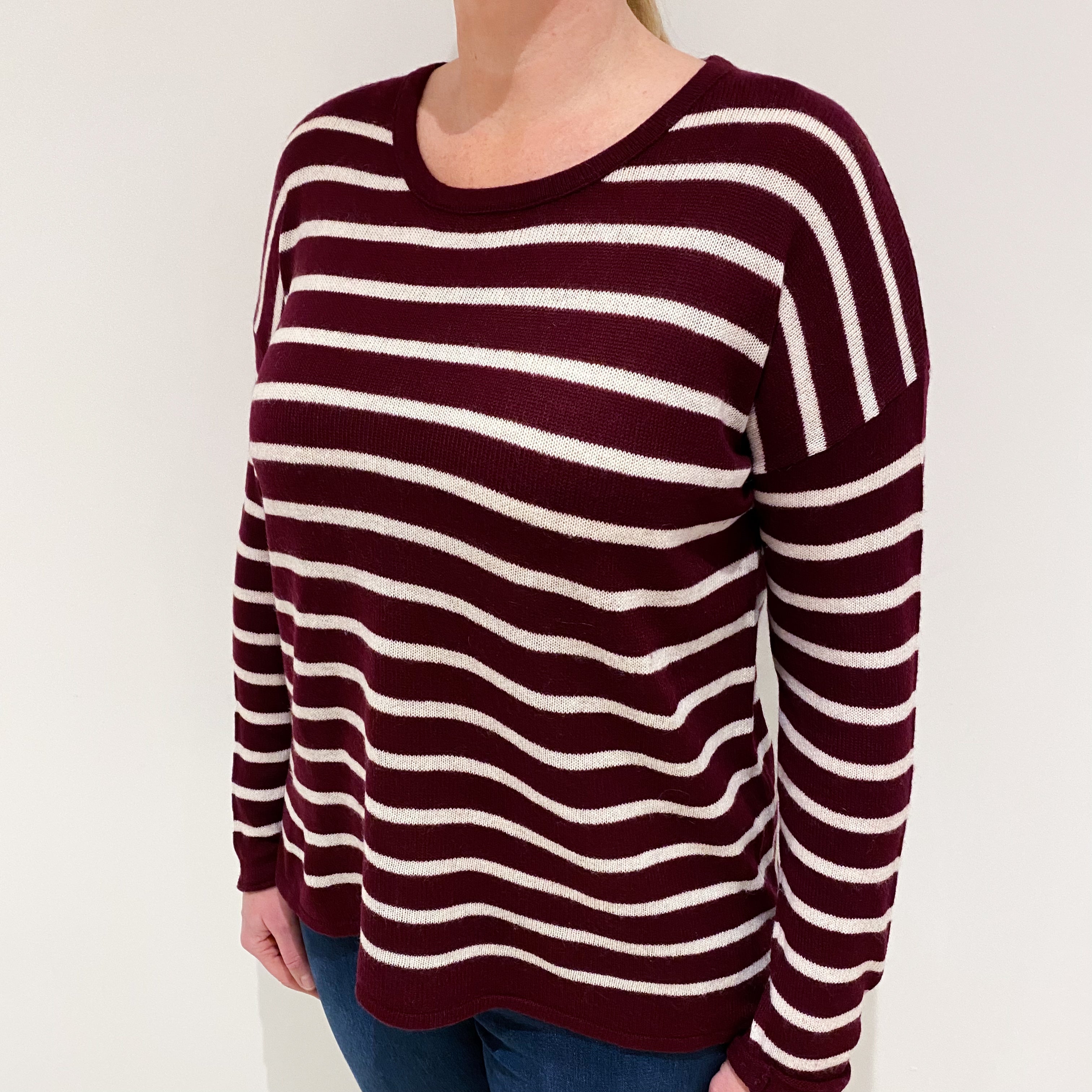 Wine Red and White Striped Lightweight Cashmere Crew Neck Jumper Large