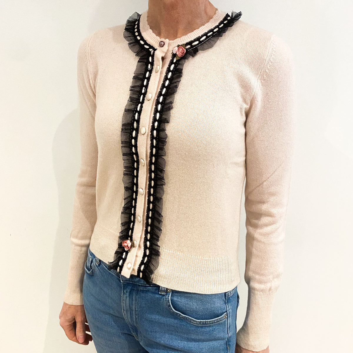 Pale Pink Cashmere Crew Neck Cardigan Small