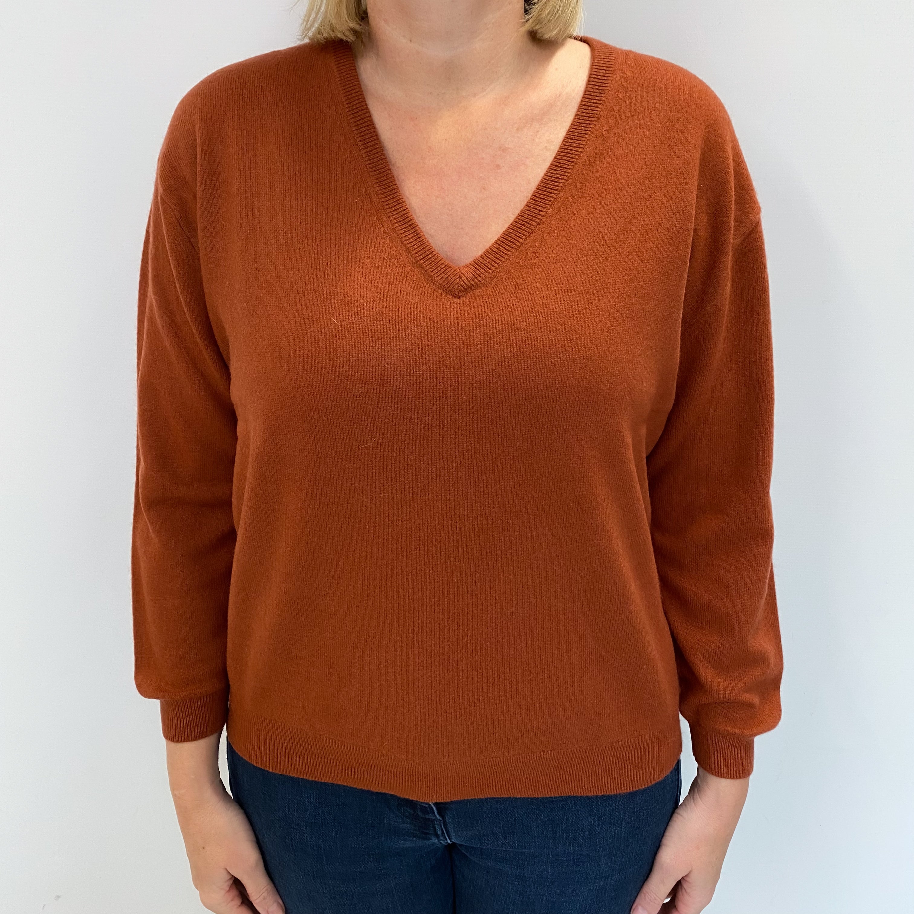 Rust Brown Cashmere V Neck Jumper Large