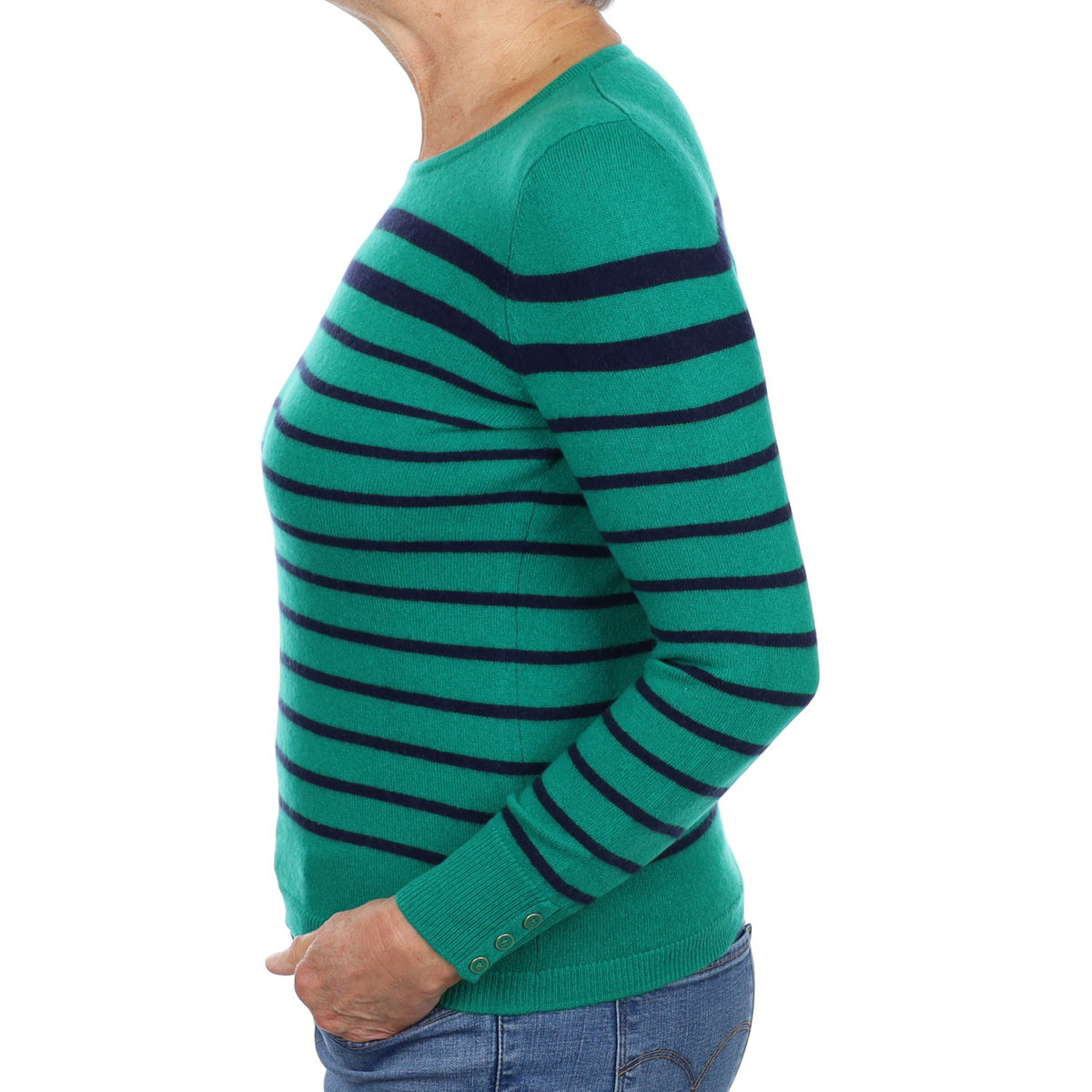 Emerald and Navy Stripe Cashmere Crew Neck Jumper Medium