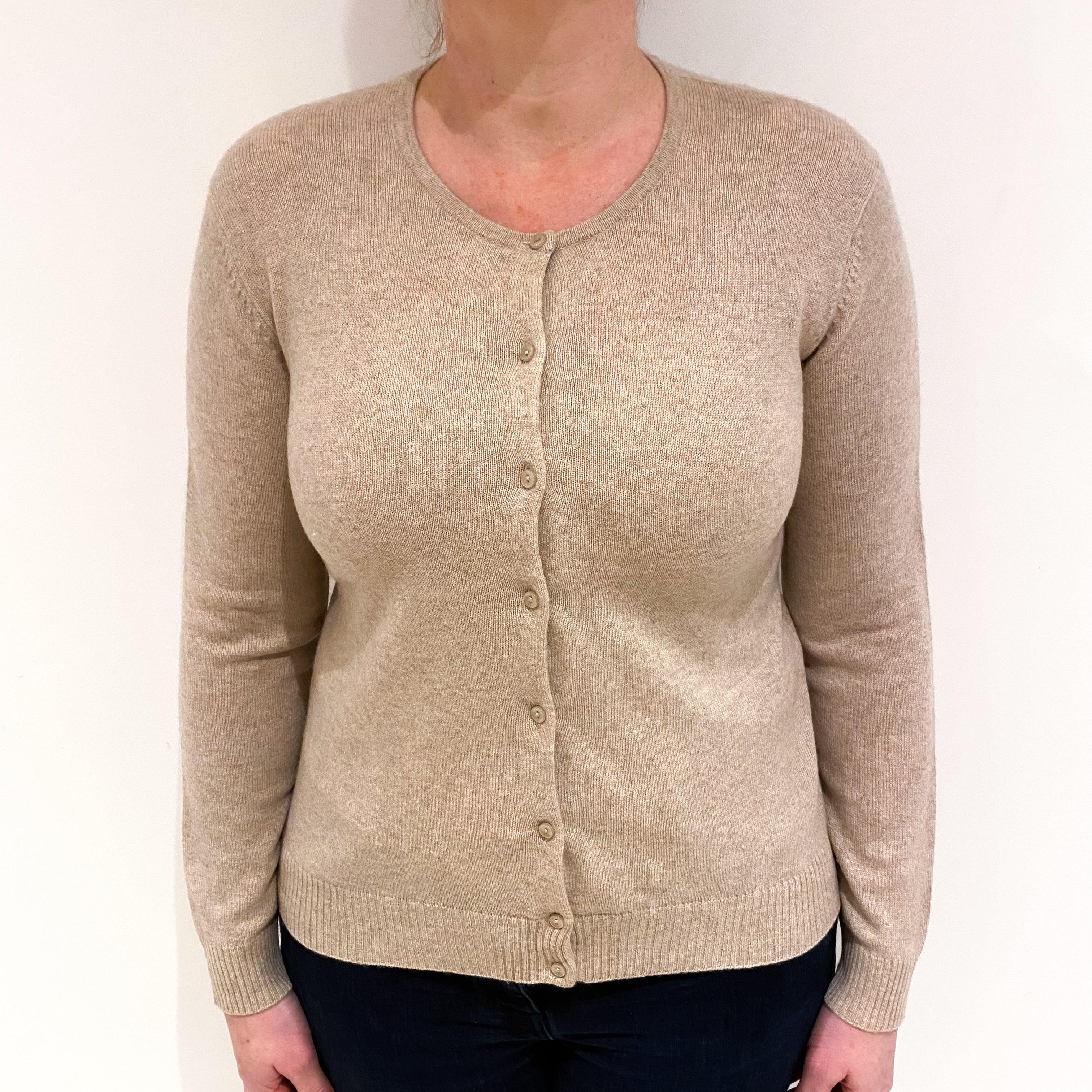 Fawn Beige Cashmere Crew Neck Cardigan Large