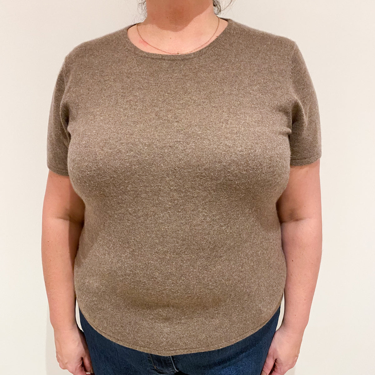 Mocha Brown Short Sleeved Cashmere Crew Neck Jumper Extra Large