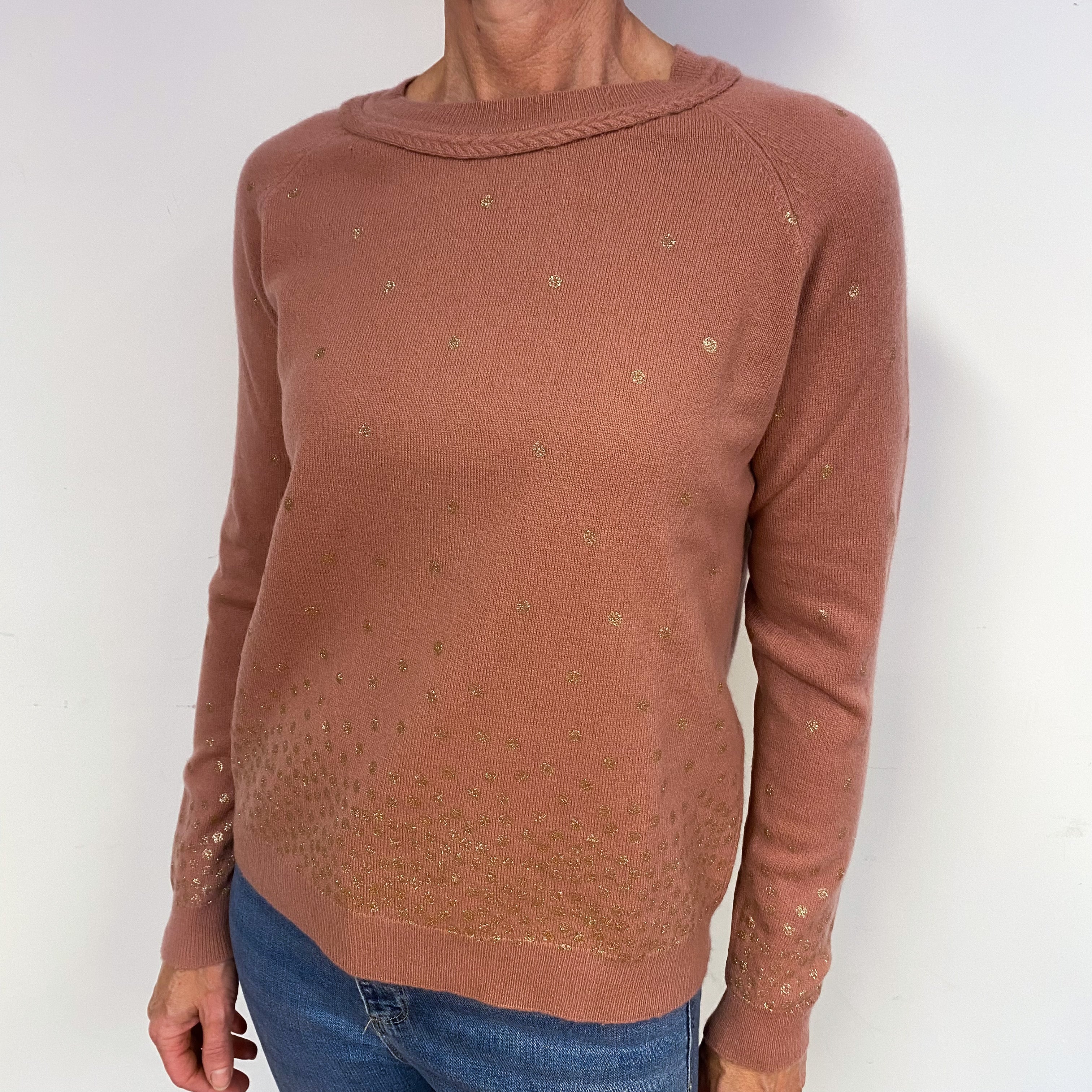 Terracotta Pink Gold Sparkle Cashmere Crew Neck Jumper Medium