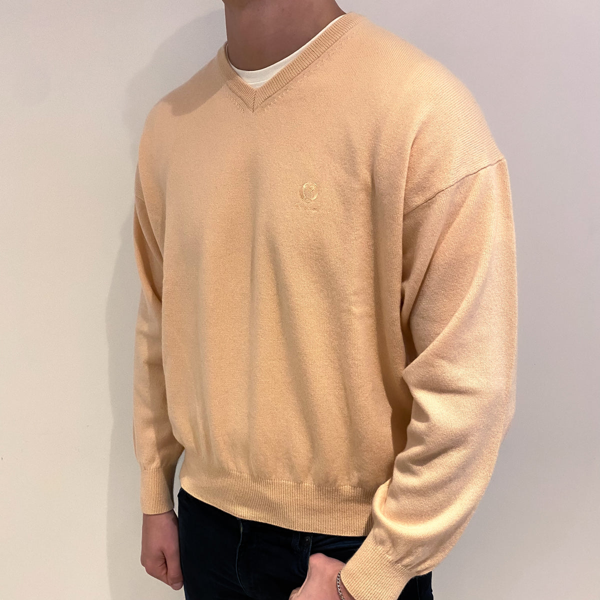 Men's Peach Pink Cashmere V Neck Jumper XXL
