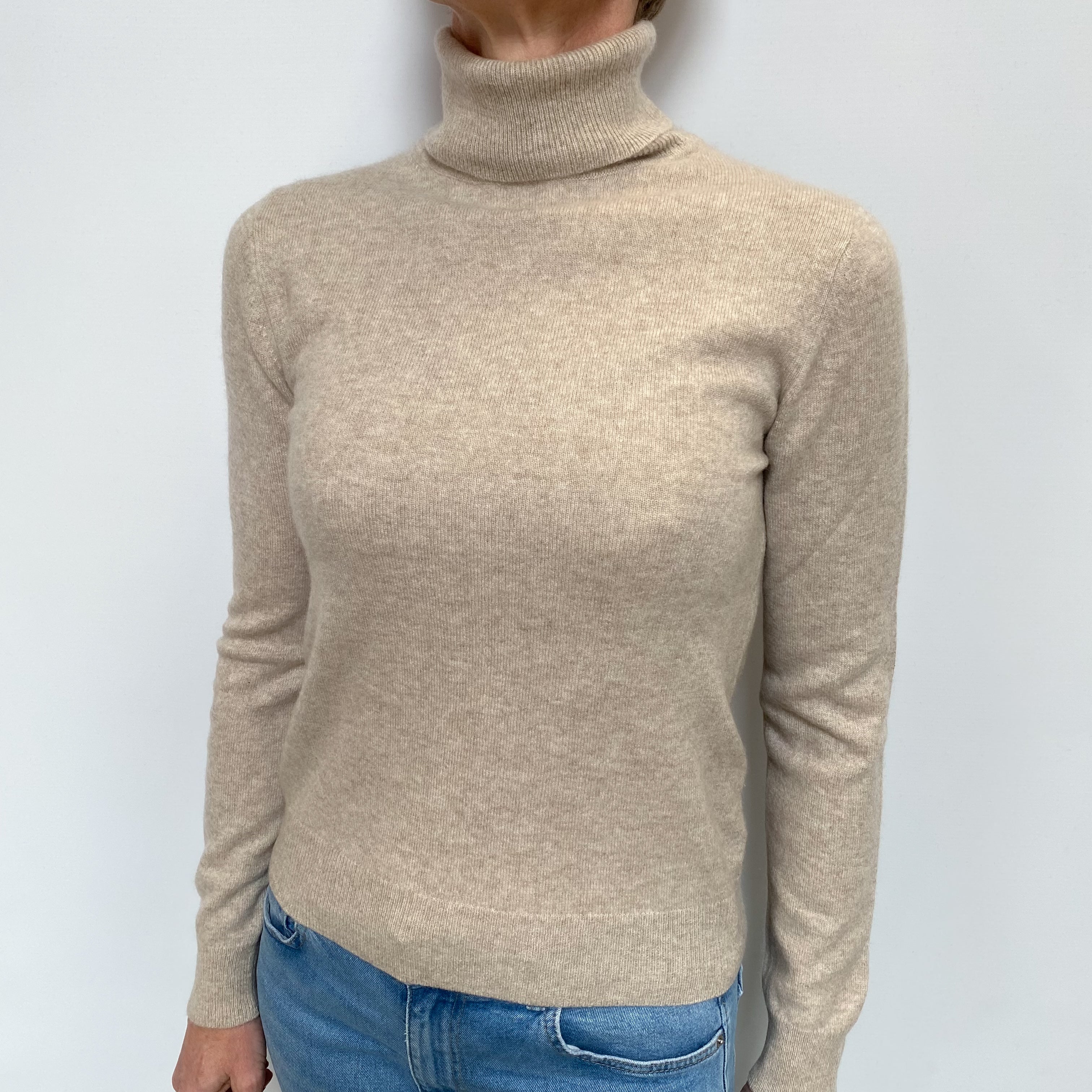 Fawn Grey Cashmere Polo Neck Jumper Small