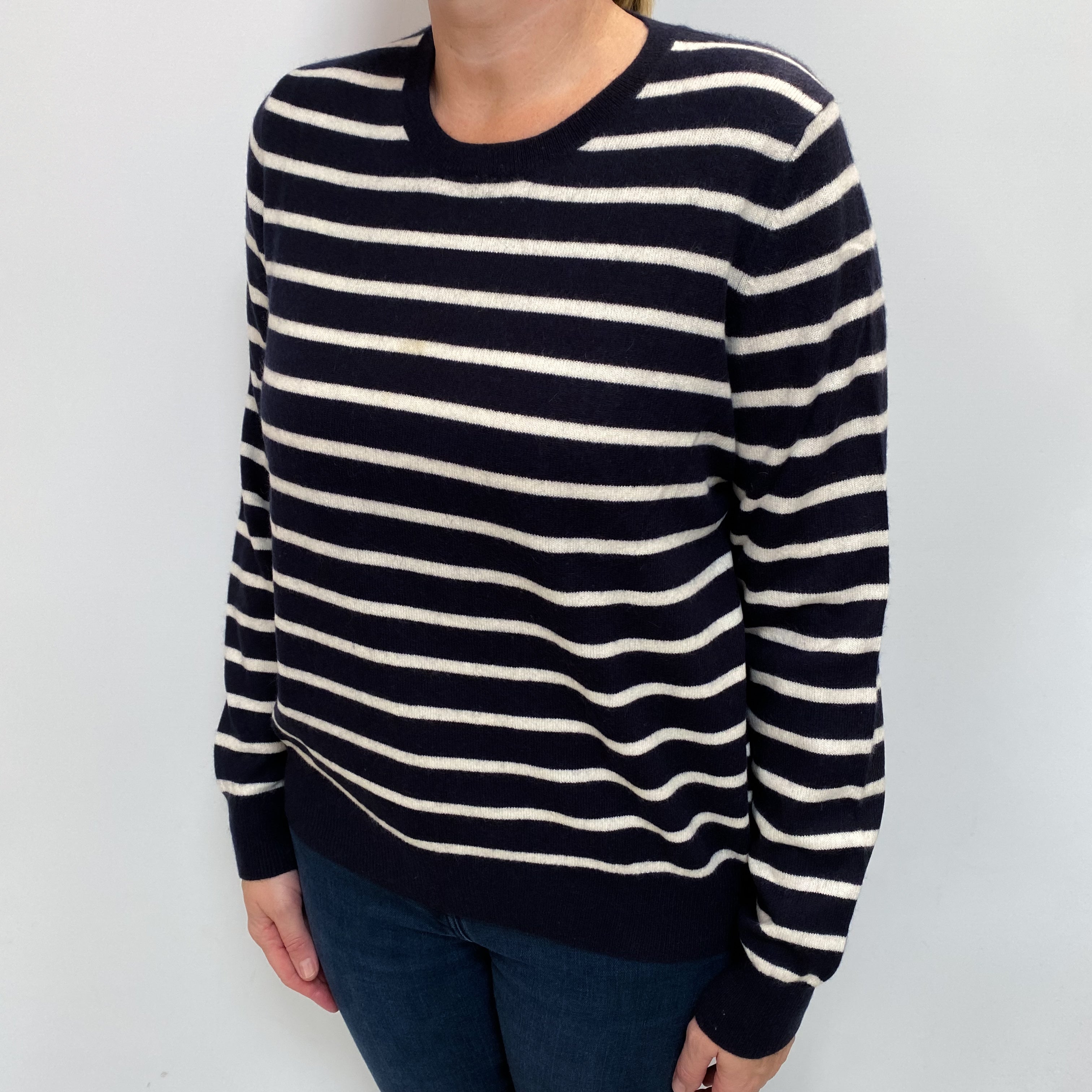 Navy and Cream Stripe Cashmere Crew Neck Jumper Large