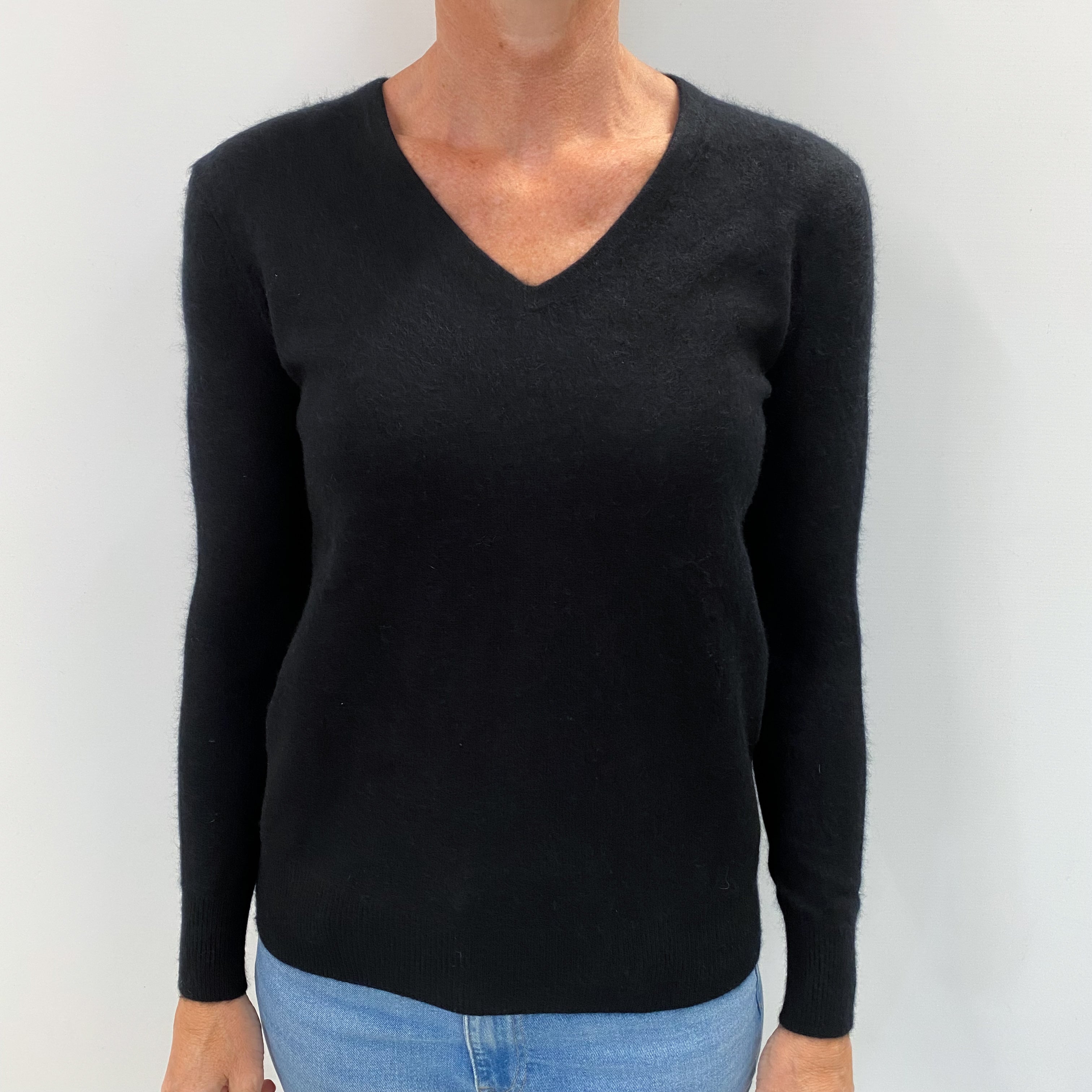 Black Cashmere V Neck Textured Jumper Small