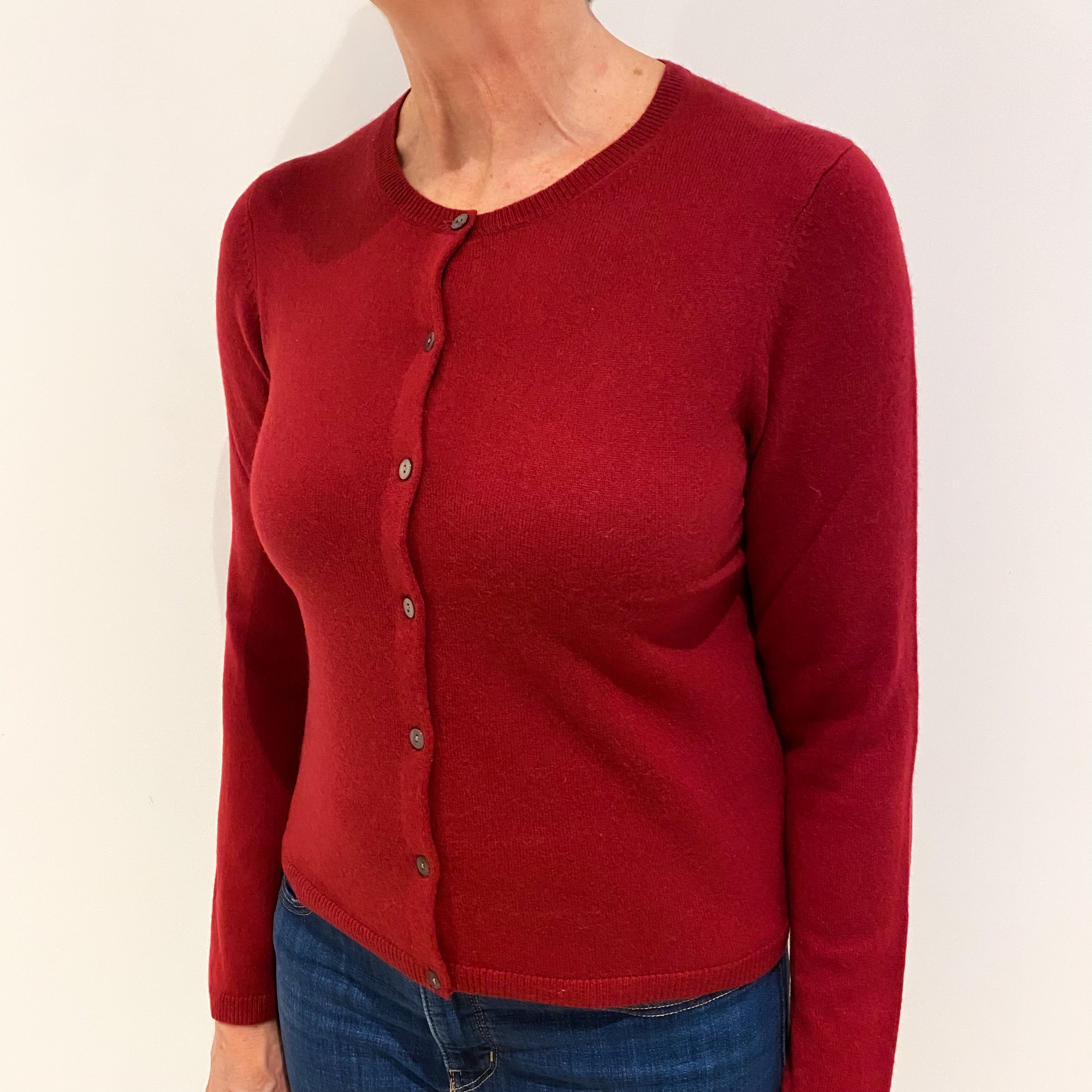 Crimson Red Cashmere Crew Neck Cardigan Medium