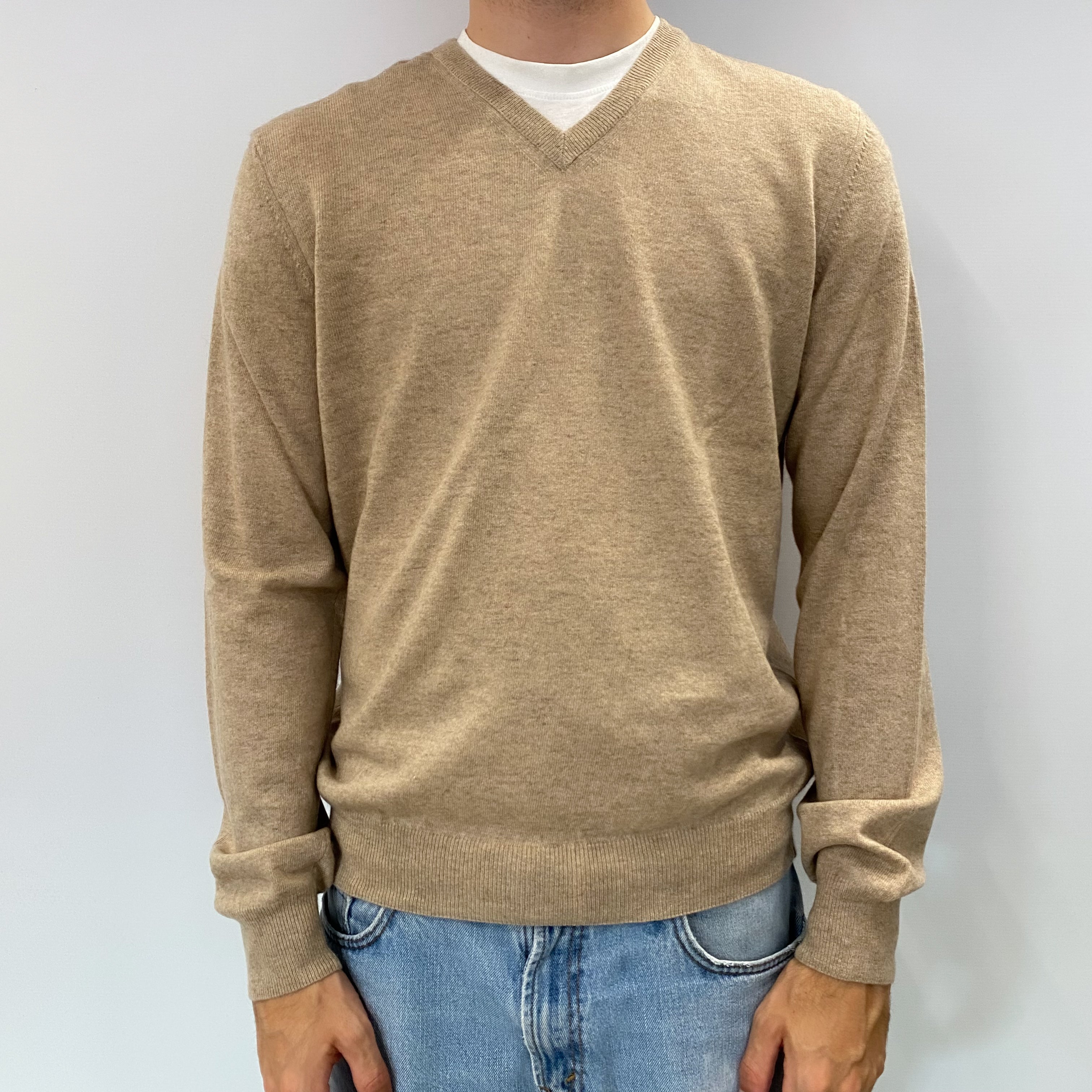 Men's Biscuit Brown Cashmere V Neck Jumper Large