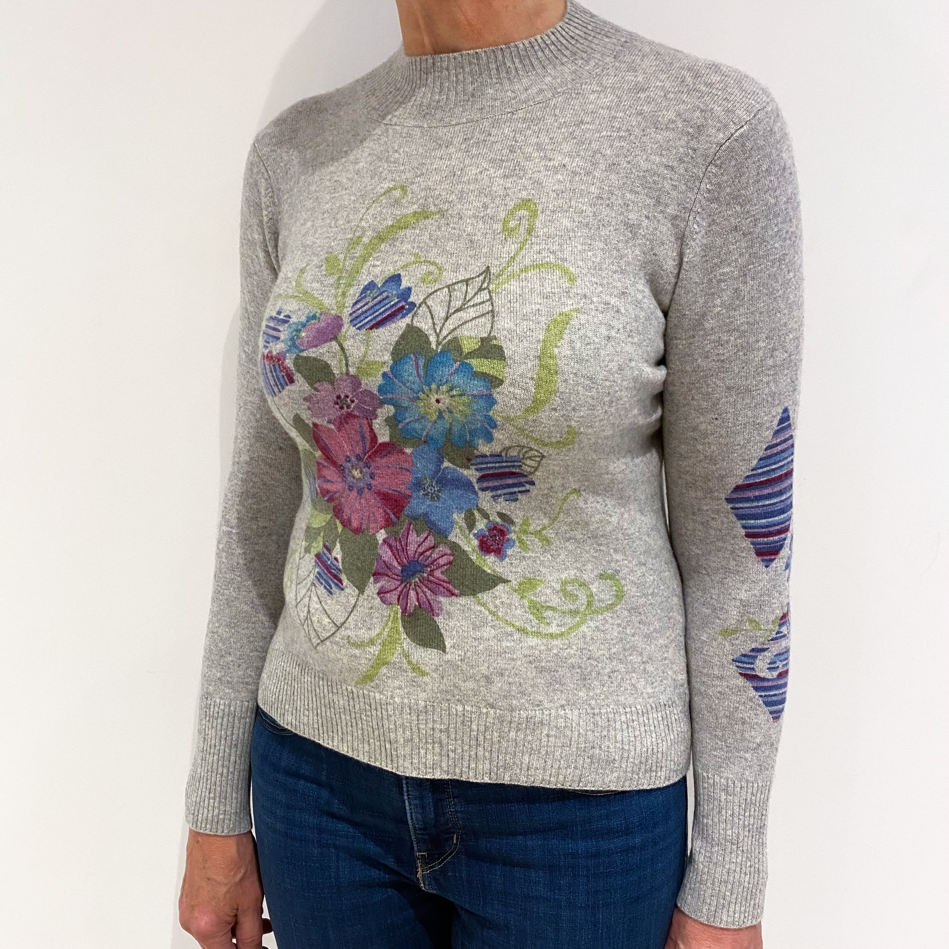 Smoke Grey Flower Cashmere Turtle Neck Jumper Medium