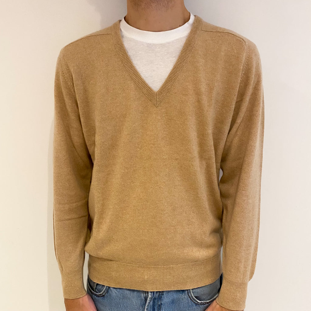 Men's Sand Beige Cashmere V Neck Jumper Large
