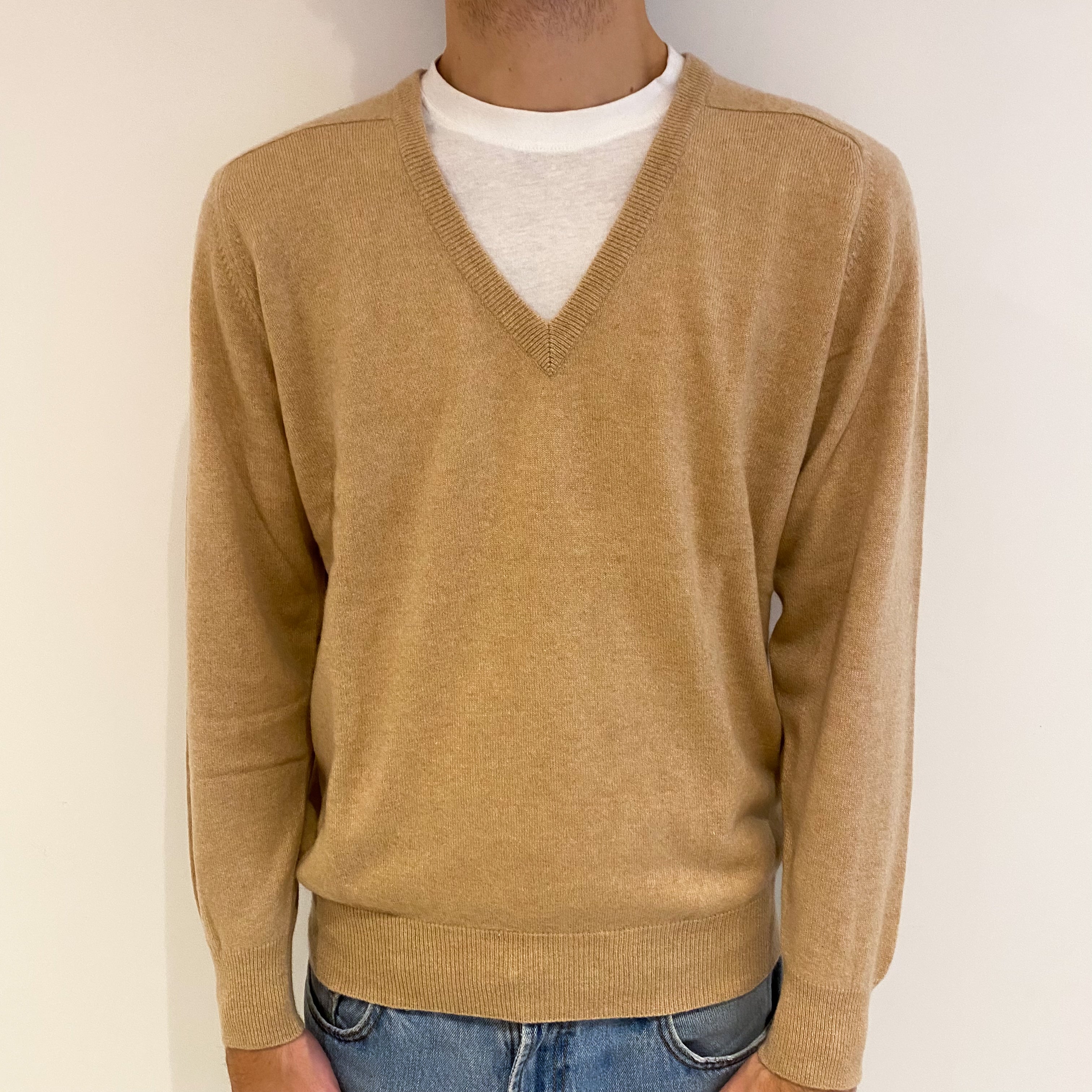 Men's Sand Beige Cashmere V Neck Jumper Large