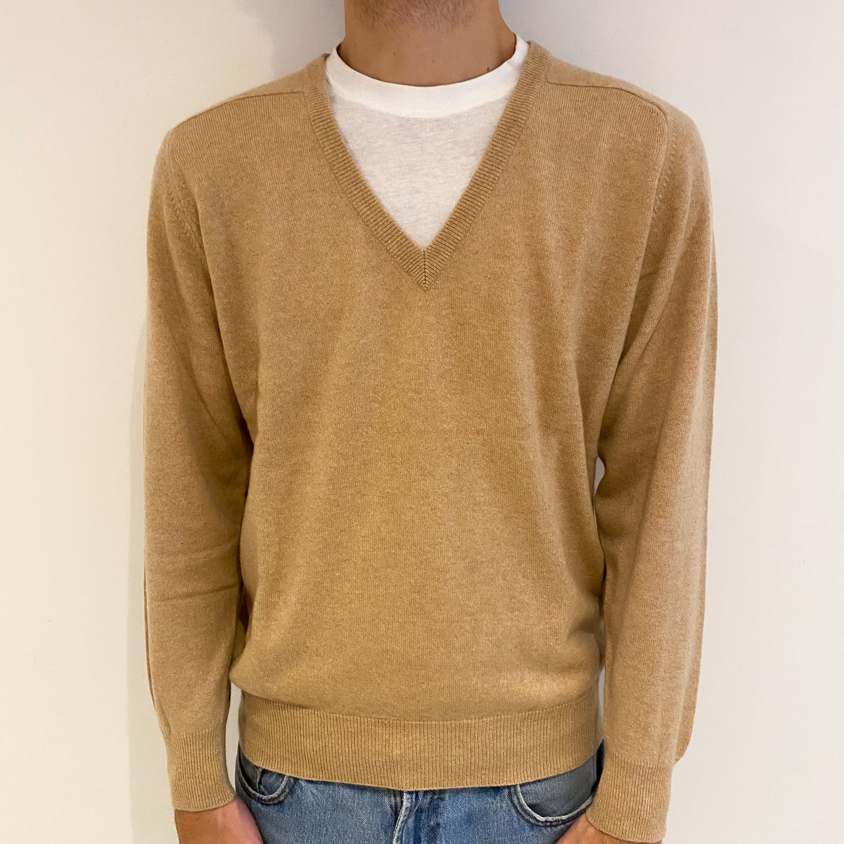 Men's Sand Beige Cashmere V Neck Jumper Large