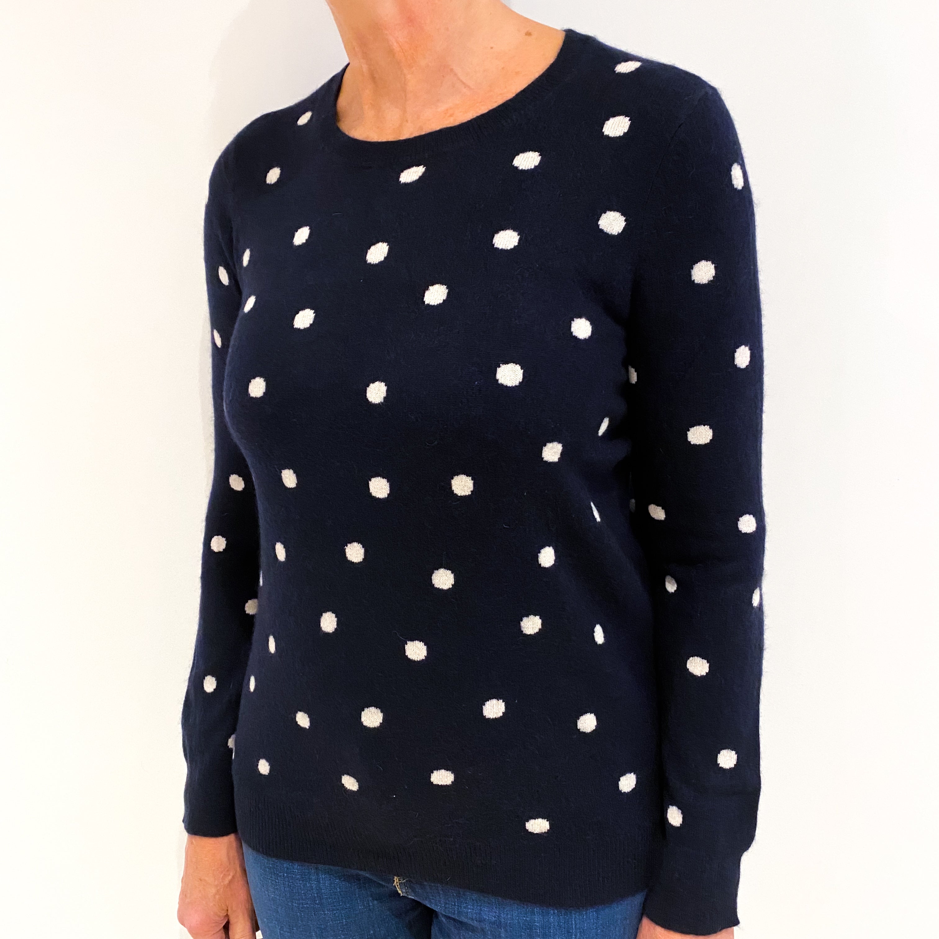 Navy Blue and Winter White Polka Dot Cashmere Crew Neck Jumper Medium