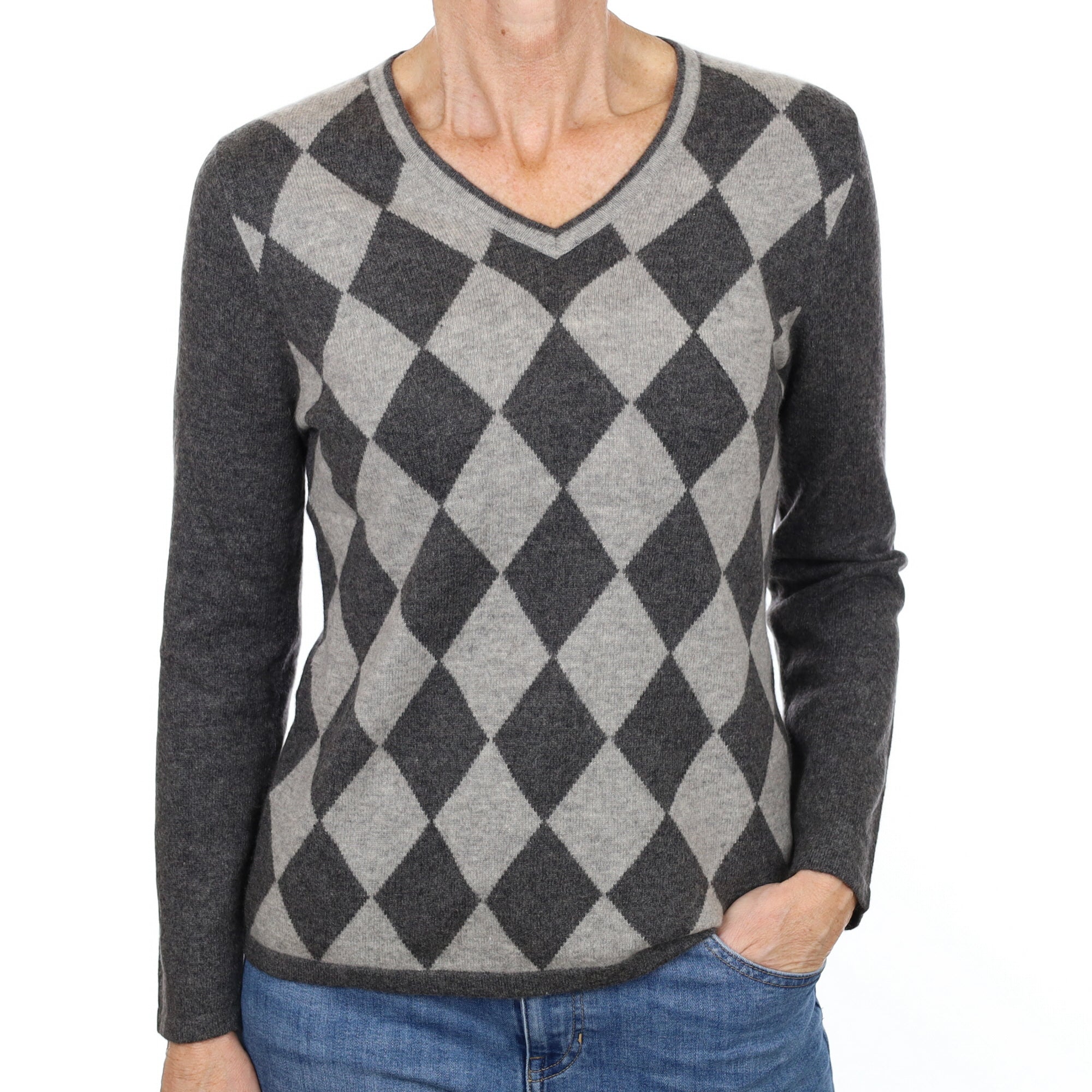 Grey Diamond Cashmere V Neck Jumper Small