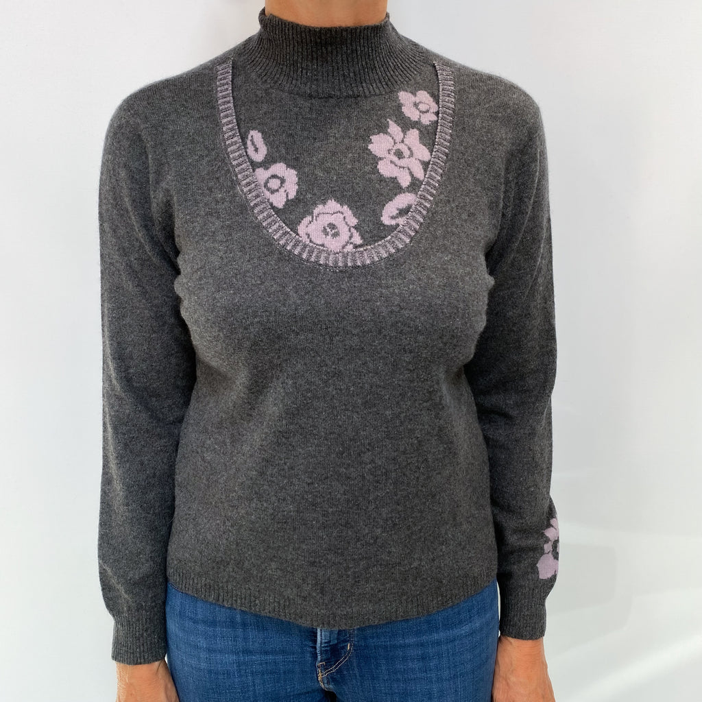 Slate Grey Floral Cashmere Turtle Neck Jumper Medium