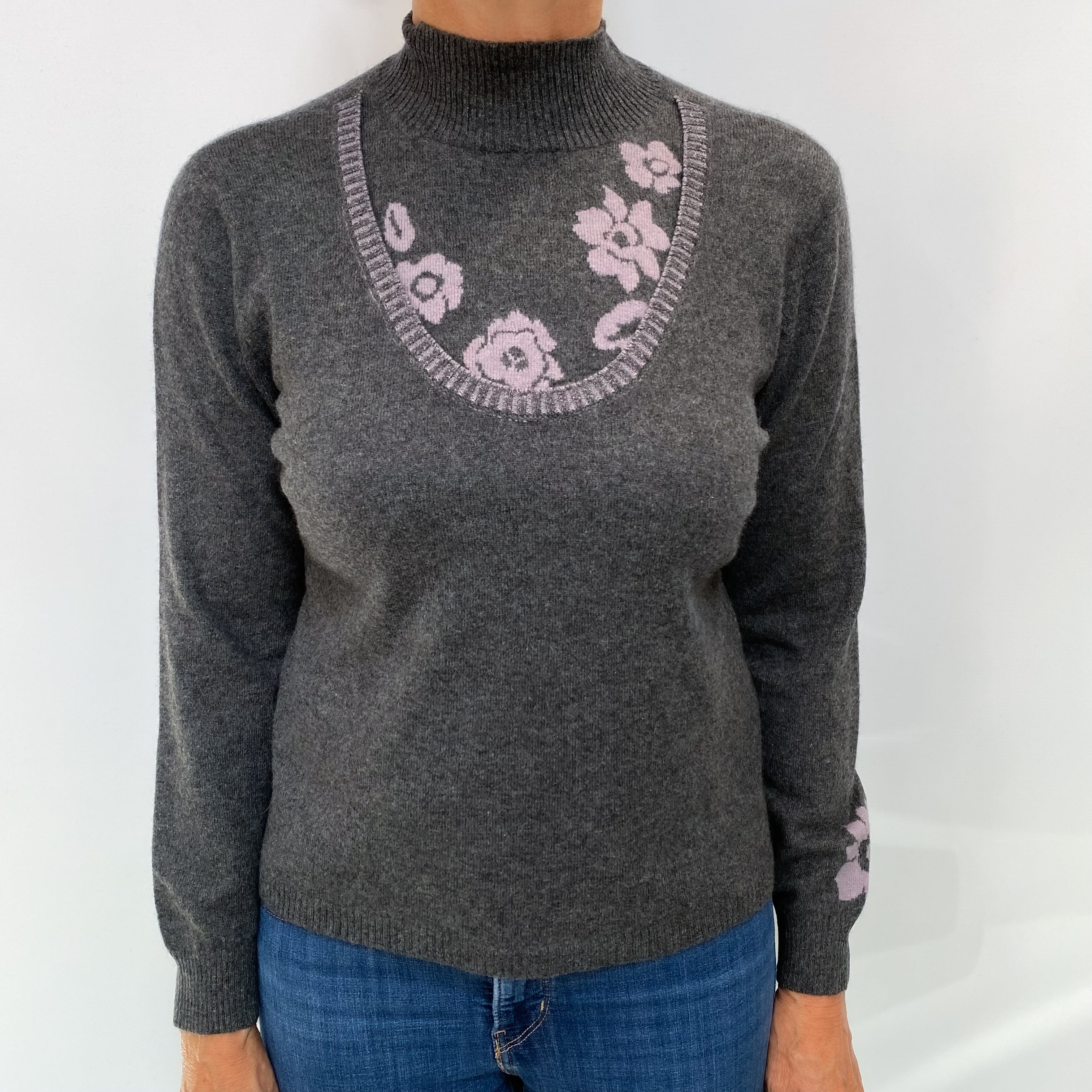Slate Grey Floral Cashmere Turtle Neck Jumper Medium