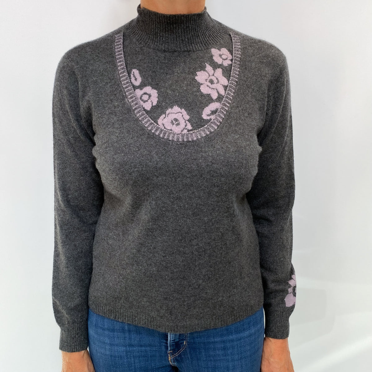 Slate Grey Floral Cashmere Turtle Neck Jumper Medium