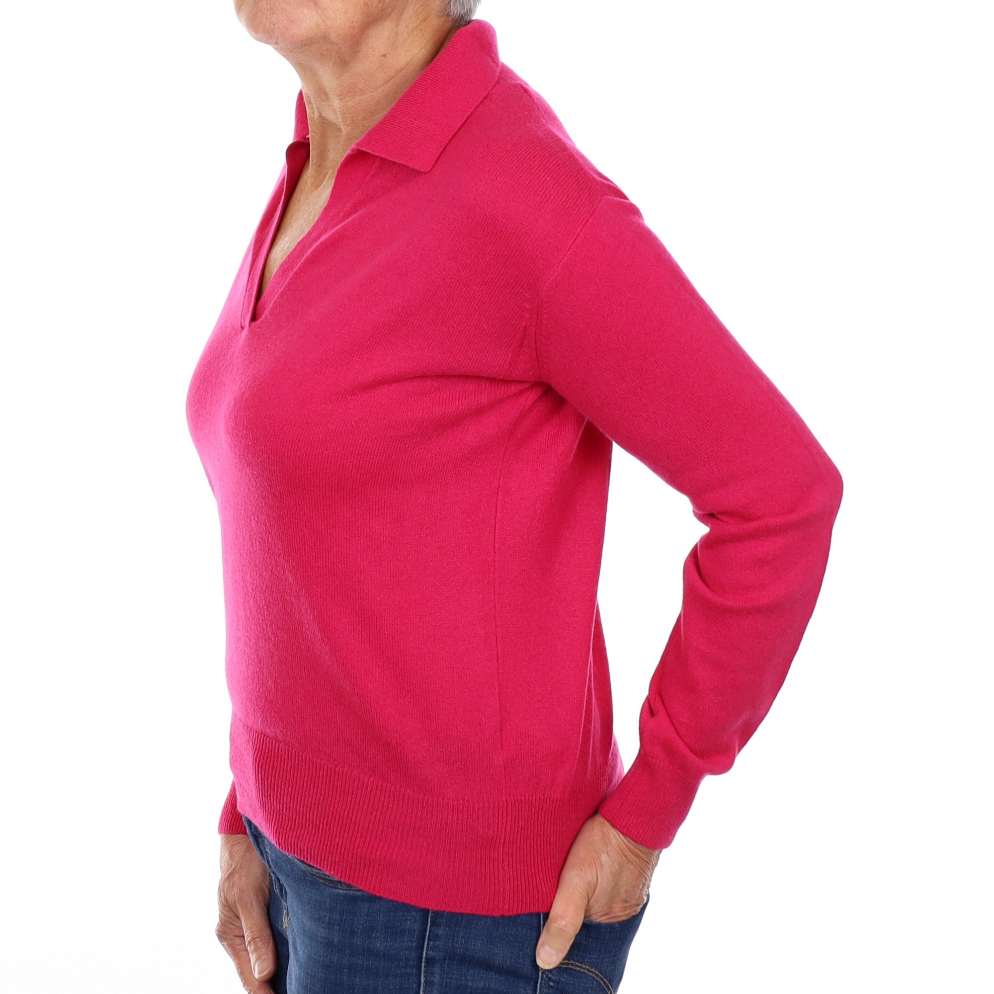 Fuchsia Pink Cashmere Collared  V Neck Jumper Medium
