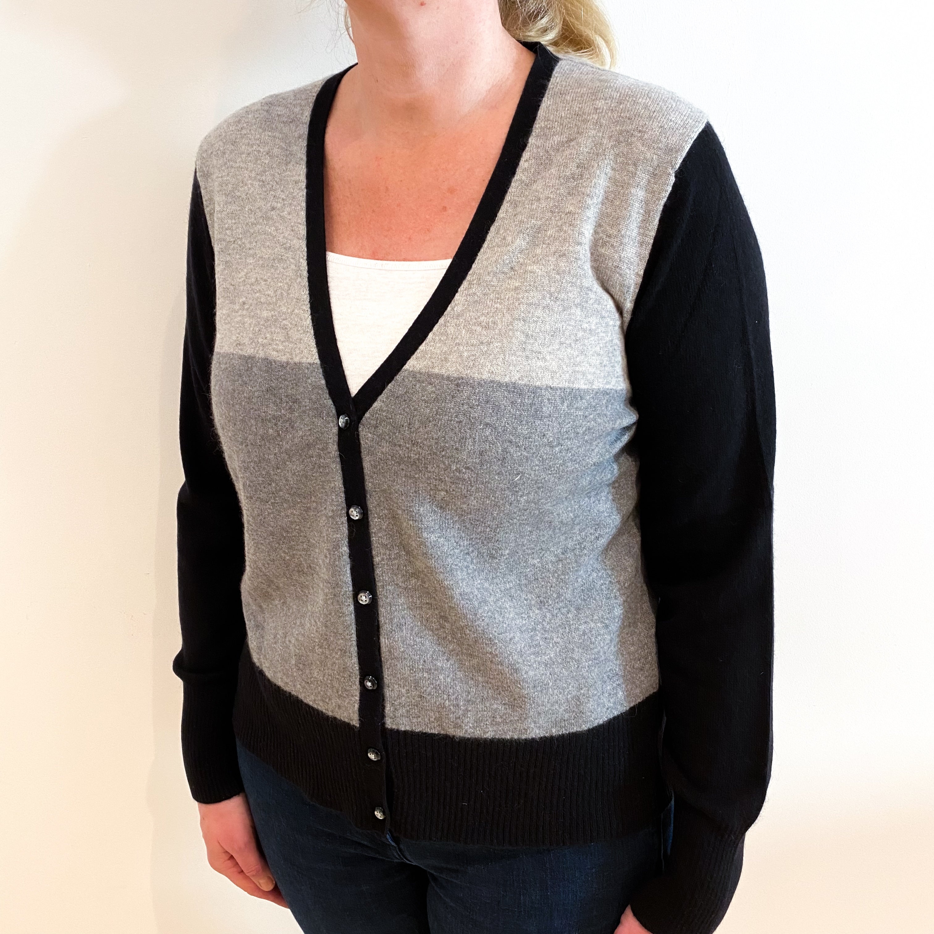 Grey and Black Colour Block Cashmere V Neck Cardigan Large