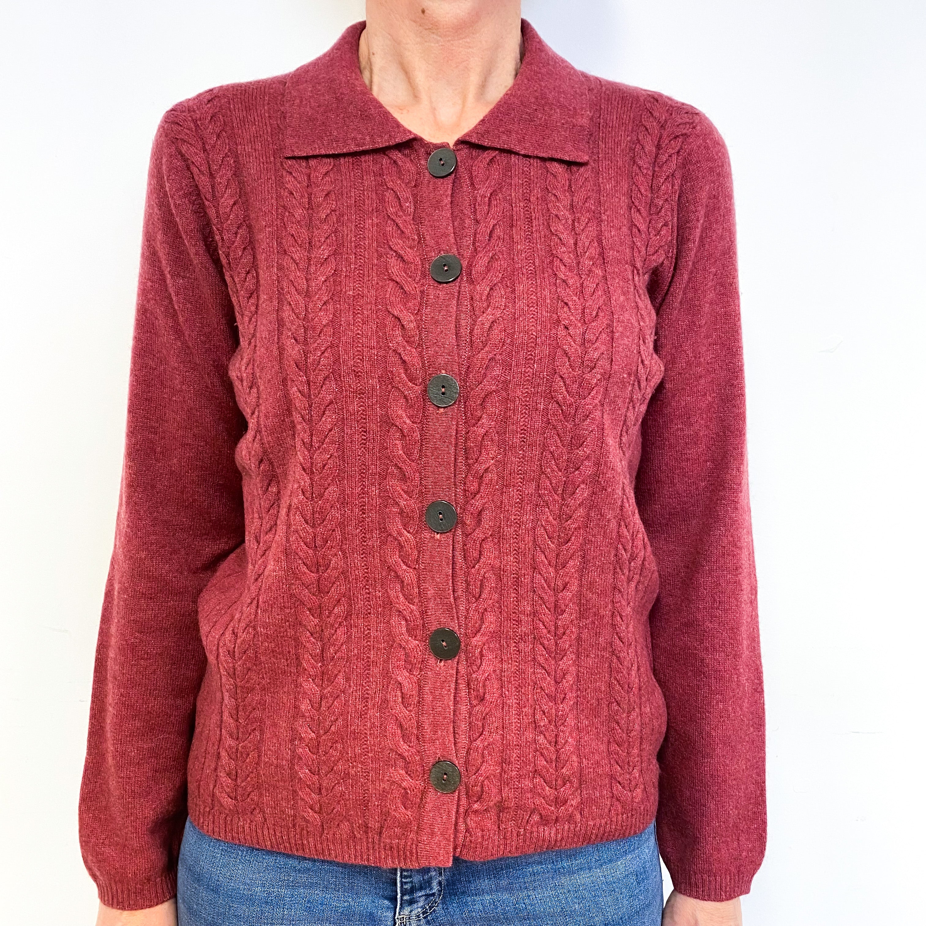Terracotta Pink Cashmere Cable Collared Cardigan Medium