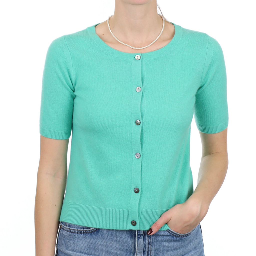 New Deep Mint Cashmere Short Sleeve Crew Neck Cardigan Small