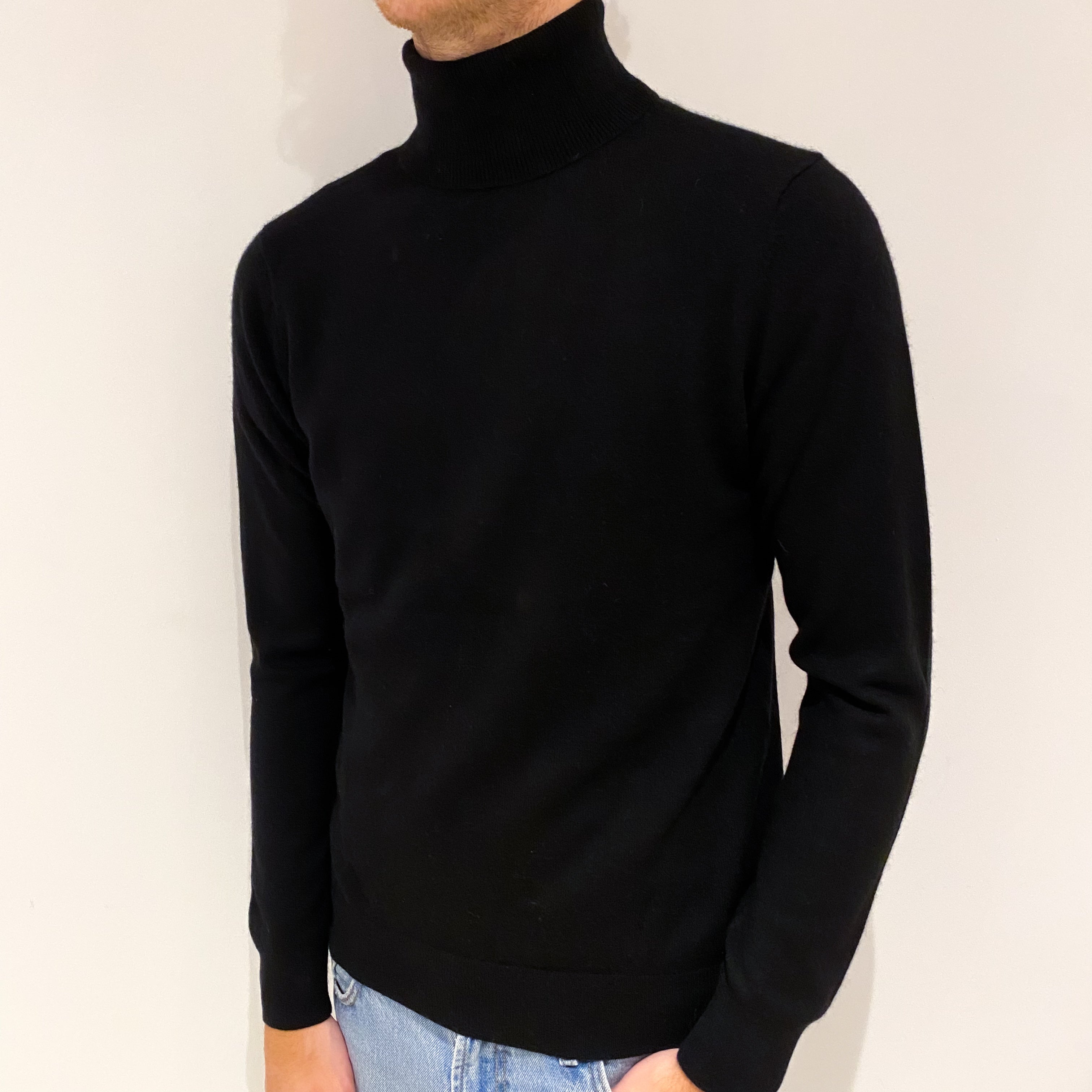 Men's Black Cashmere Polo Neck Jumper Large