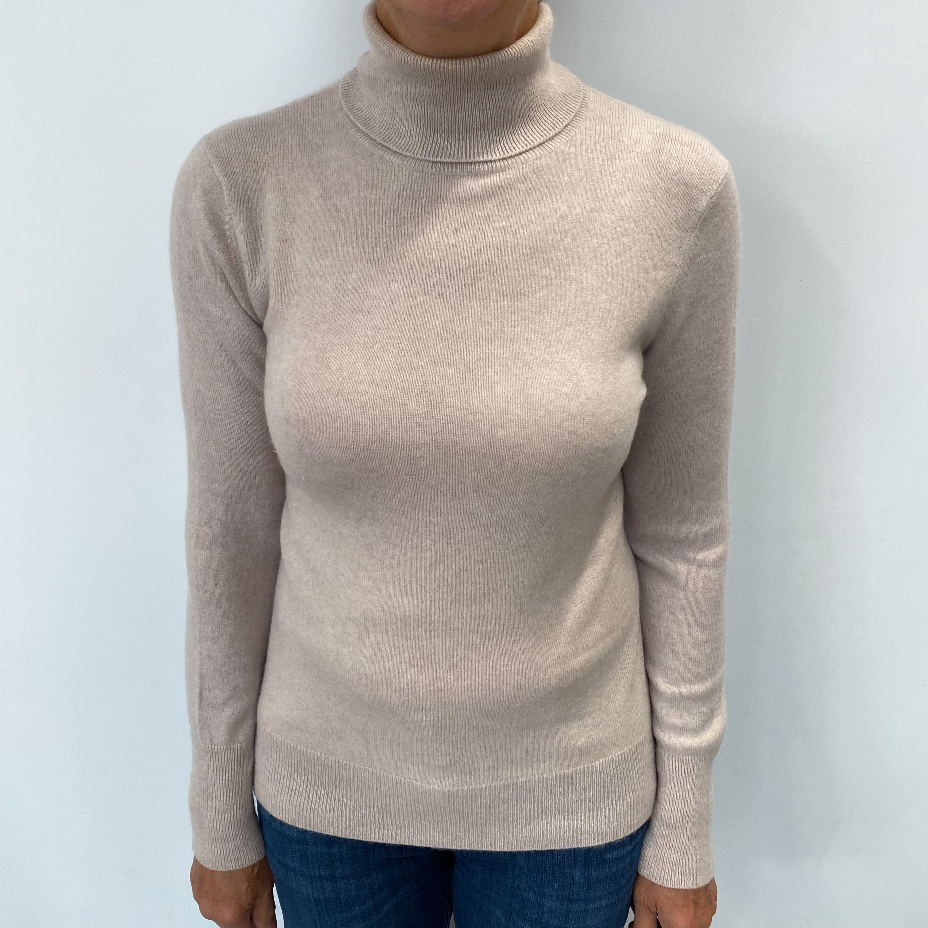 Oyster Grey Cashmere Polo Neck Jumper Medium